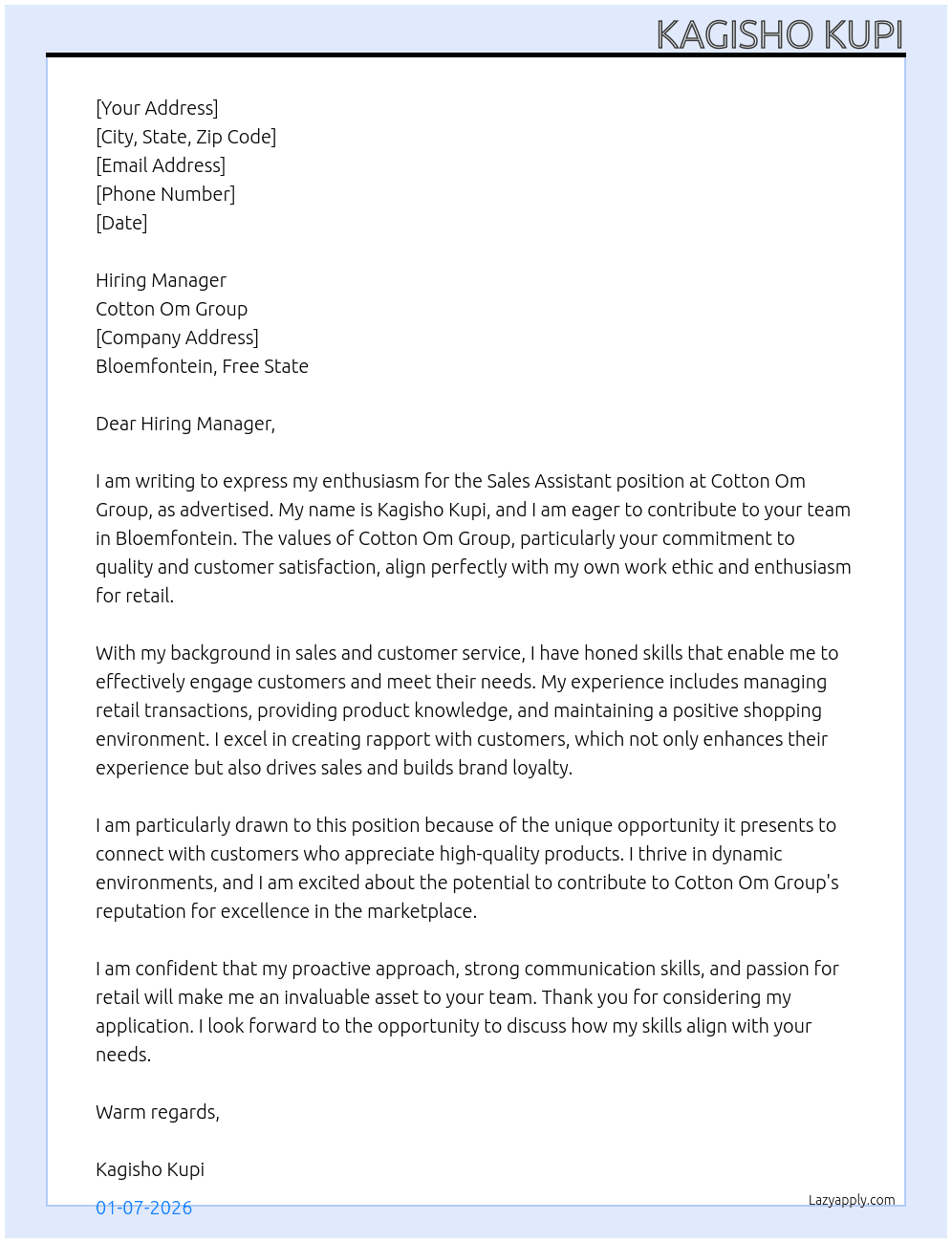 Sale assistant At Cotton om group Cover Letter