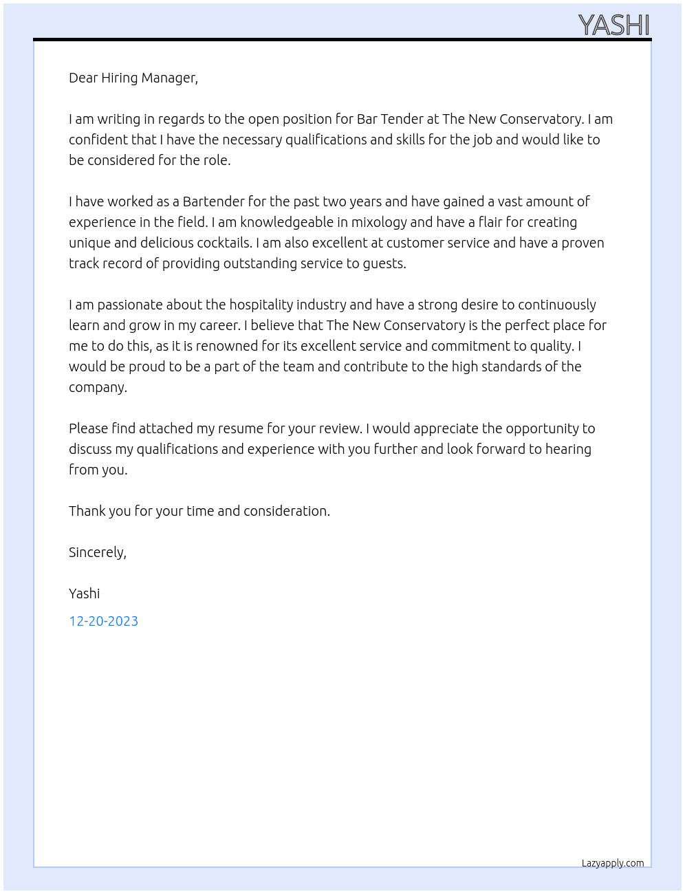Bar Tender At The New Conservatory Cover Letter