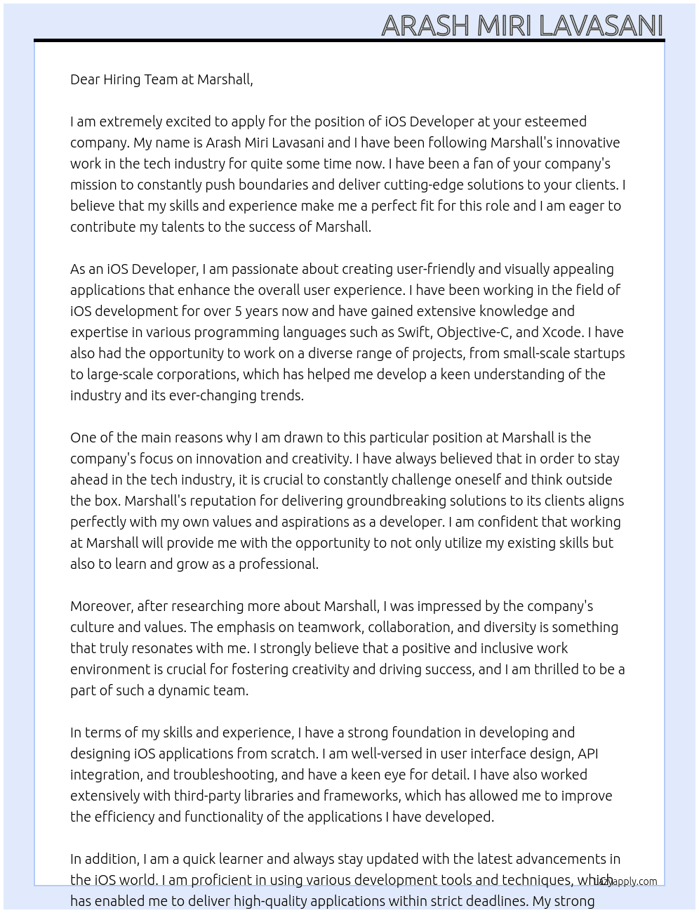 iOS Developer At Marshall Cover Letter