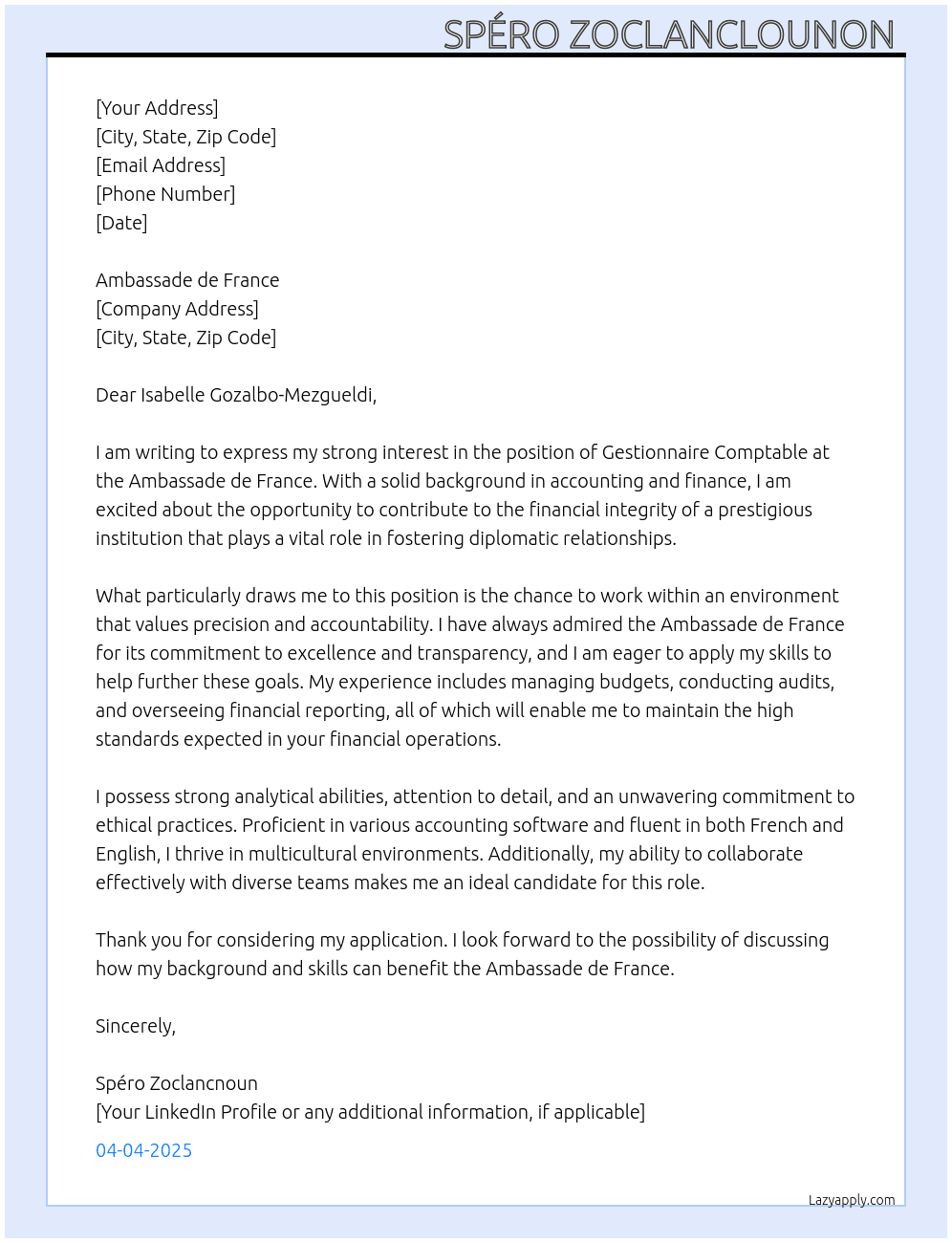 Gestionnaire comptable  At Ambassade de France  Cover Letter