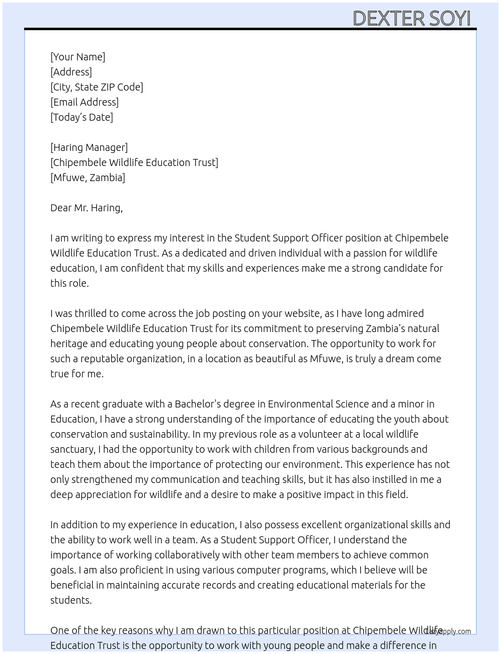 Student support officer At Chipembele wildlife education trust  Cover Letter