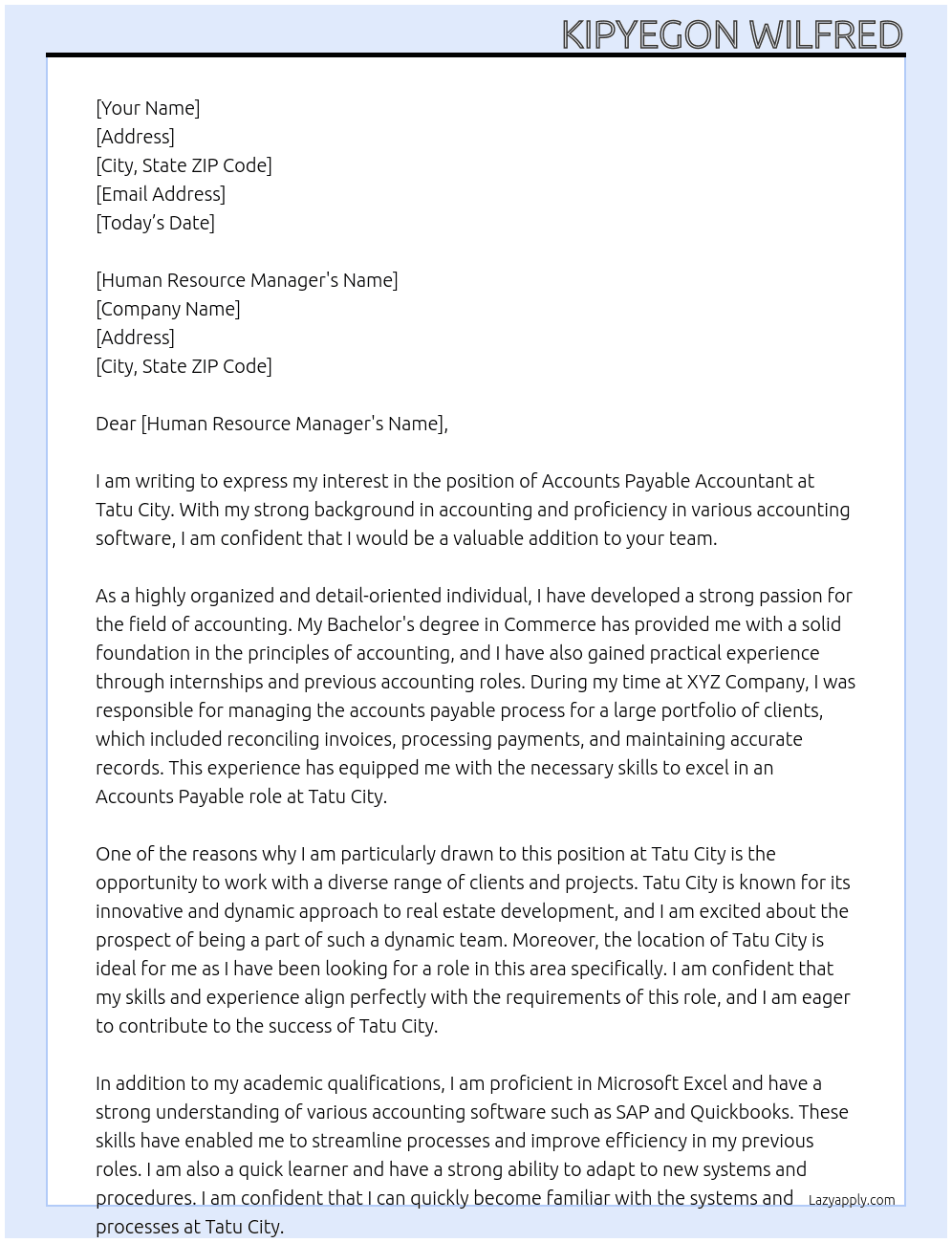 accouts payable accountant At tatu city Cover Letter