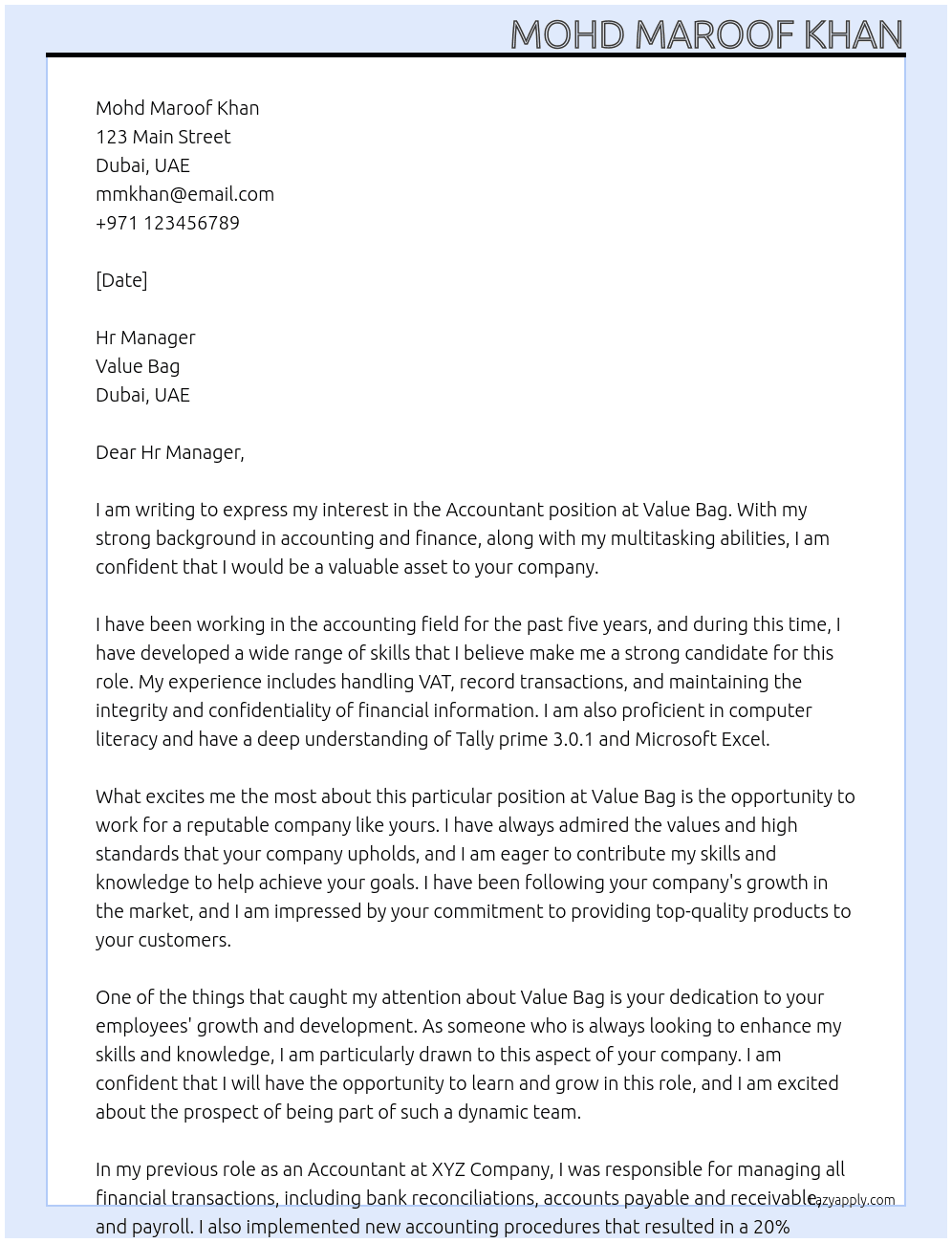 Accountant At Value Bag Cover Letter