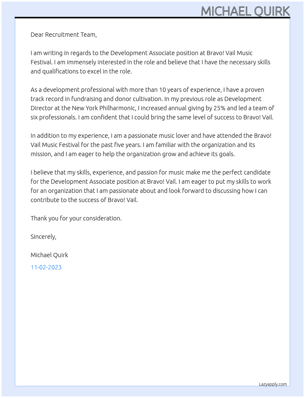Development Associate At Bravo! Vail Music Festival Cover Letter