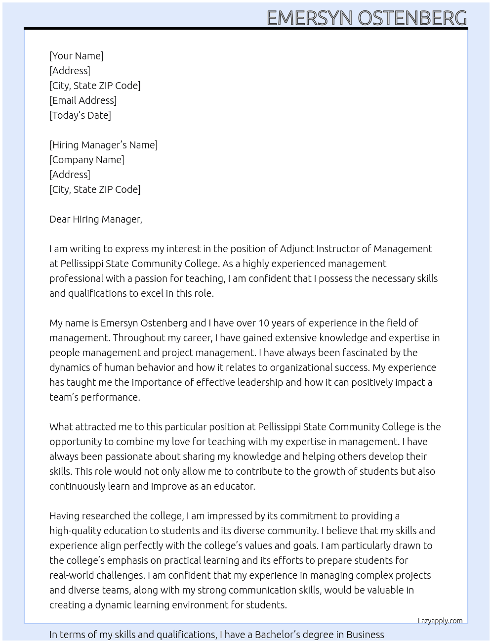 Adjunct Instructor of Management At Pellissippi State Community College Cover Letter