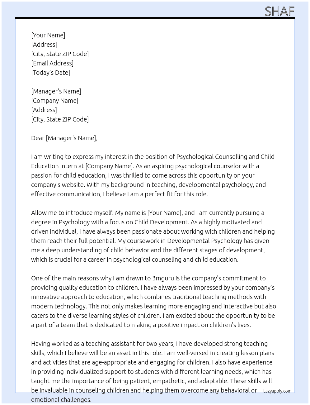 Psychological Counselling And Child Education At 3mguru Cover Letter