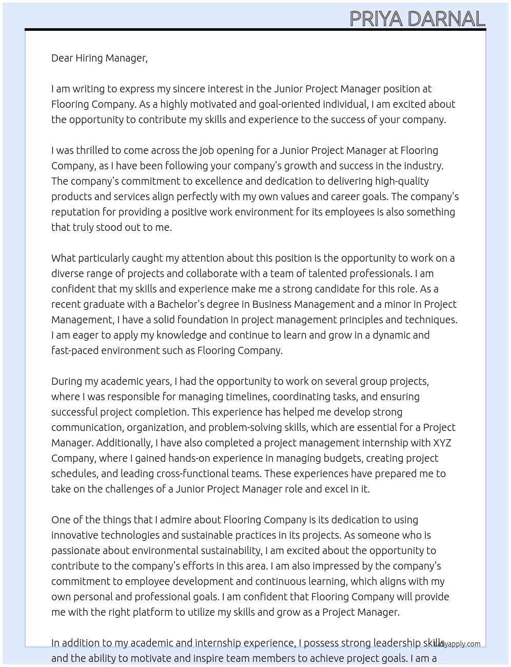 junior project manager At Flooring company Cover Letter