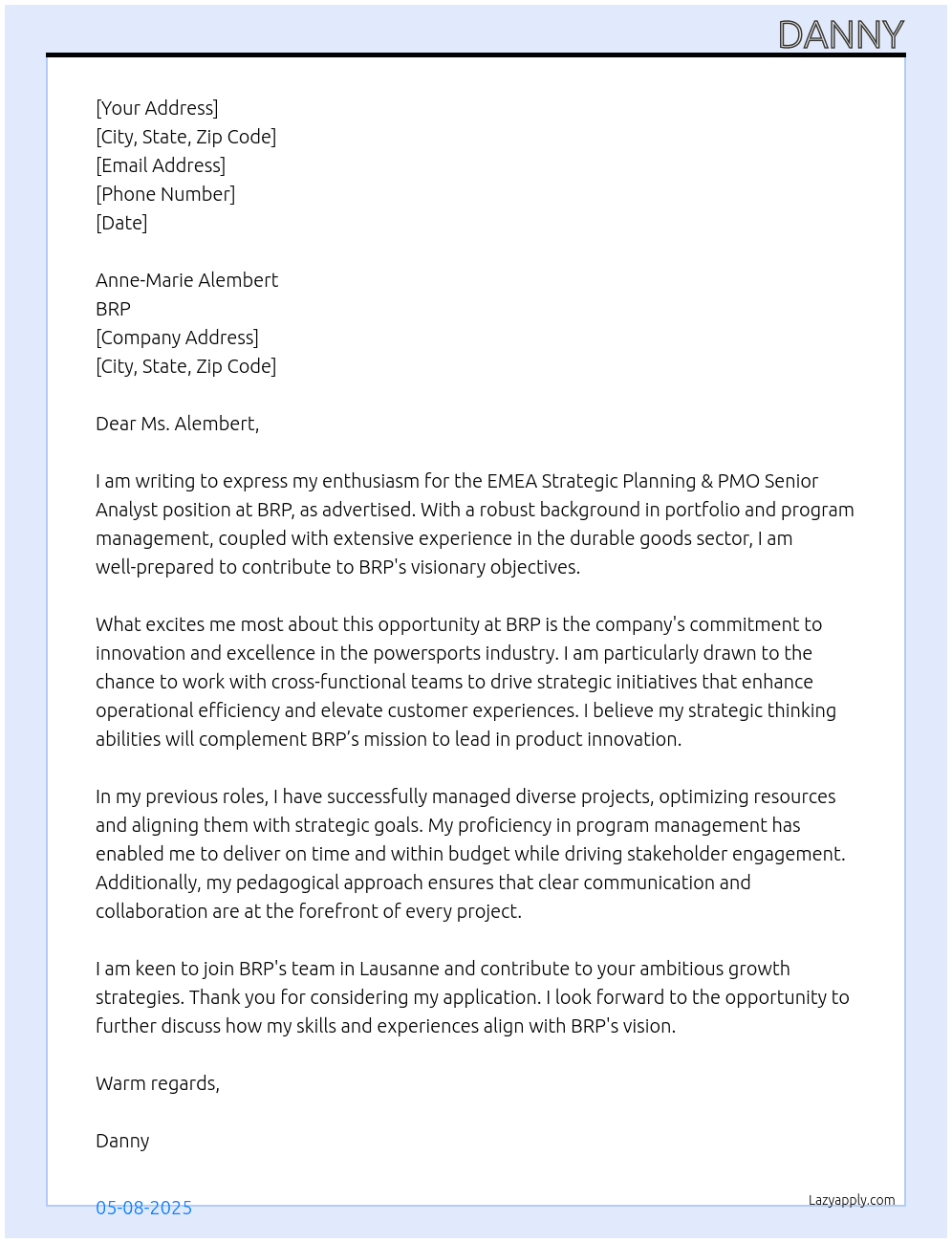 Cover letter for emea strategic planning & pmo senior analyst - LazyApply