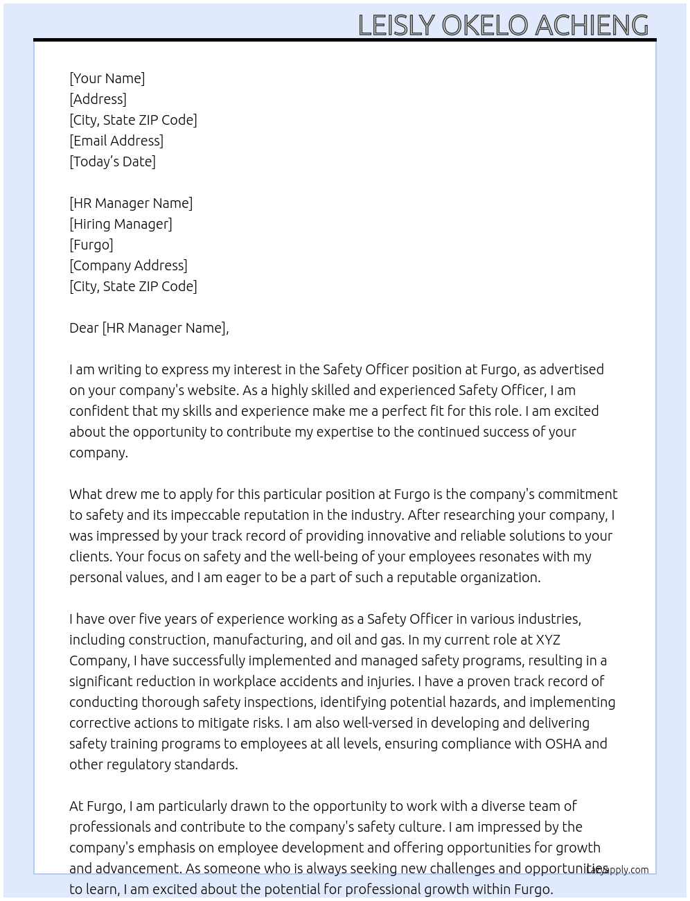 Safety officer  At Furgo  Cover Letter