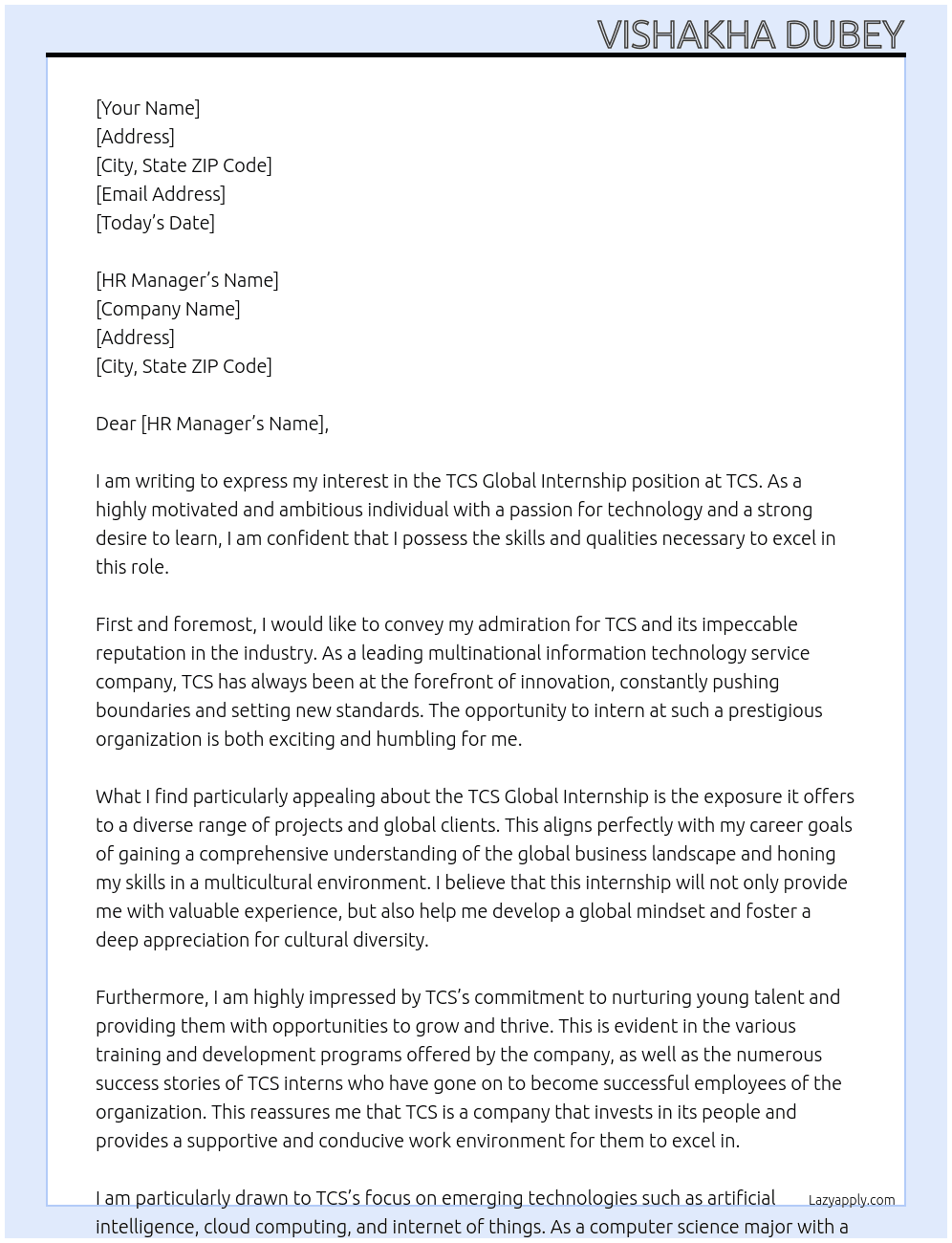Cover letter for tcs global internship - LazyApply
