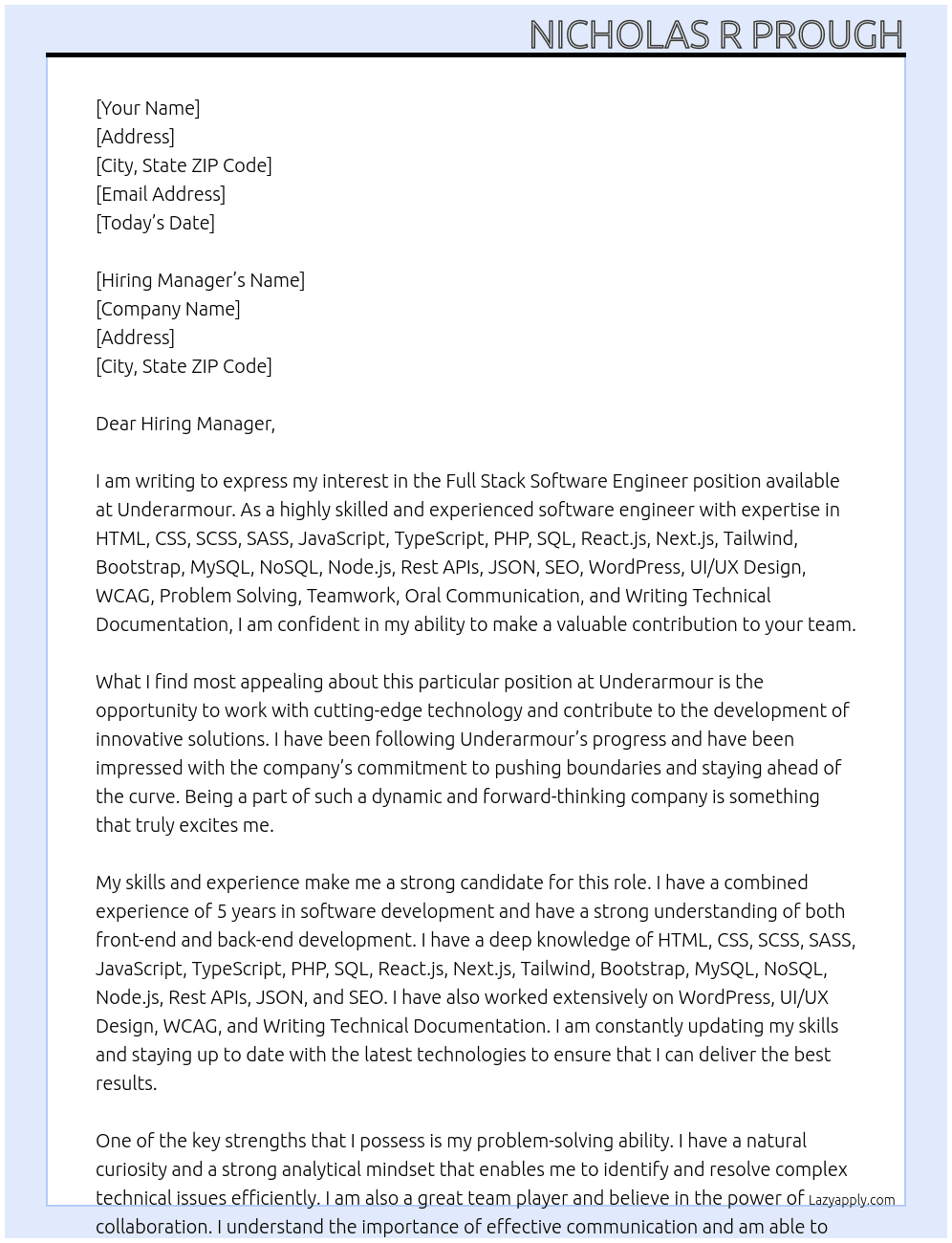 Full Stack Software Engineer At Underarmour Cover Letter