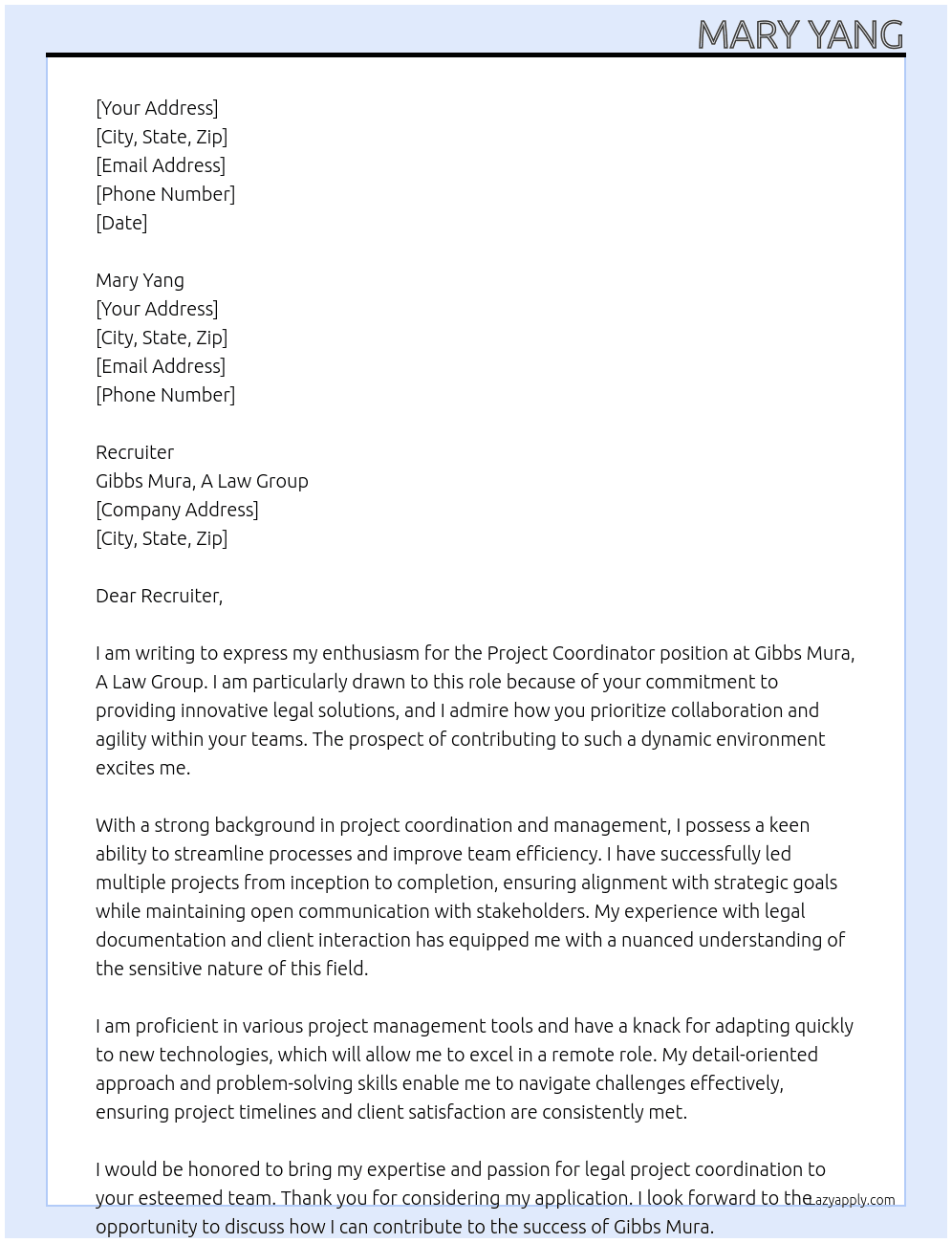 Project Coordinator At Gibbs Mura, A Law Group Cover Letter