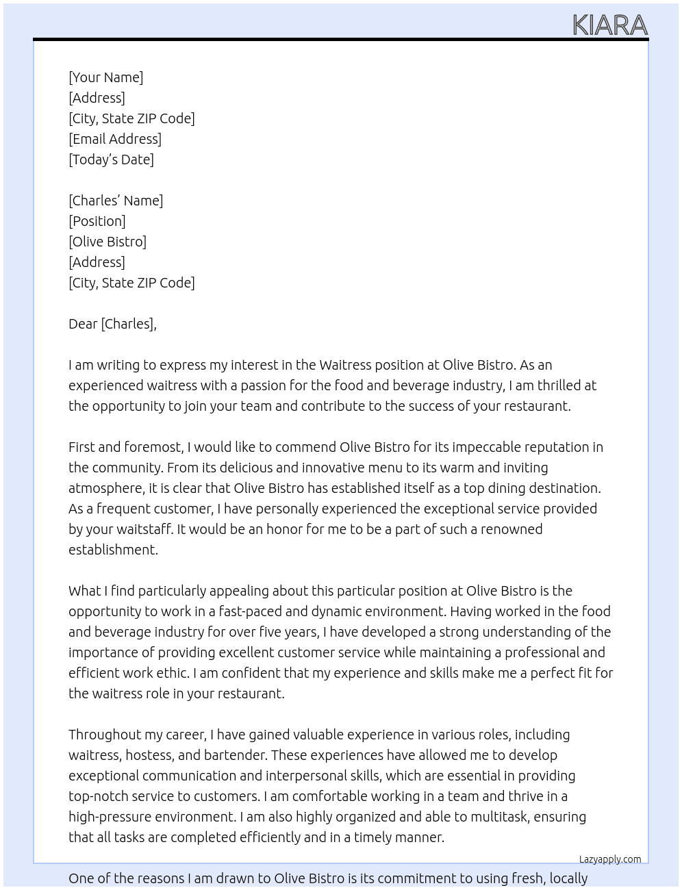 Waitress At olive bistro Cover Letter