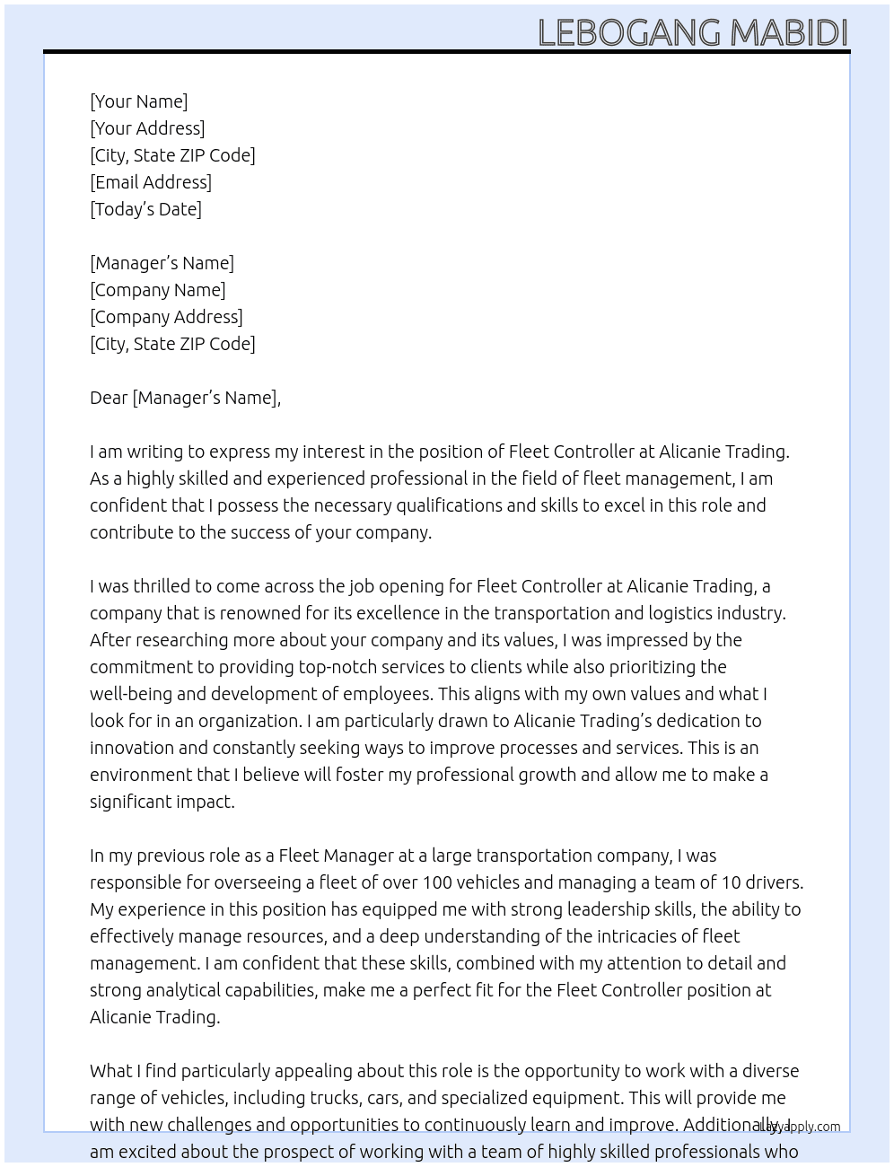 Fleet controller At Alicanie Trading Cover Letter
