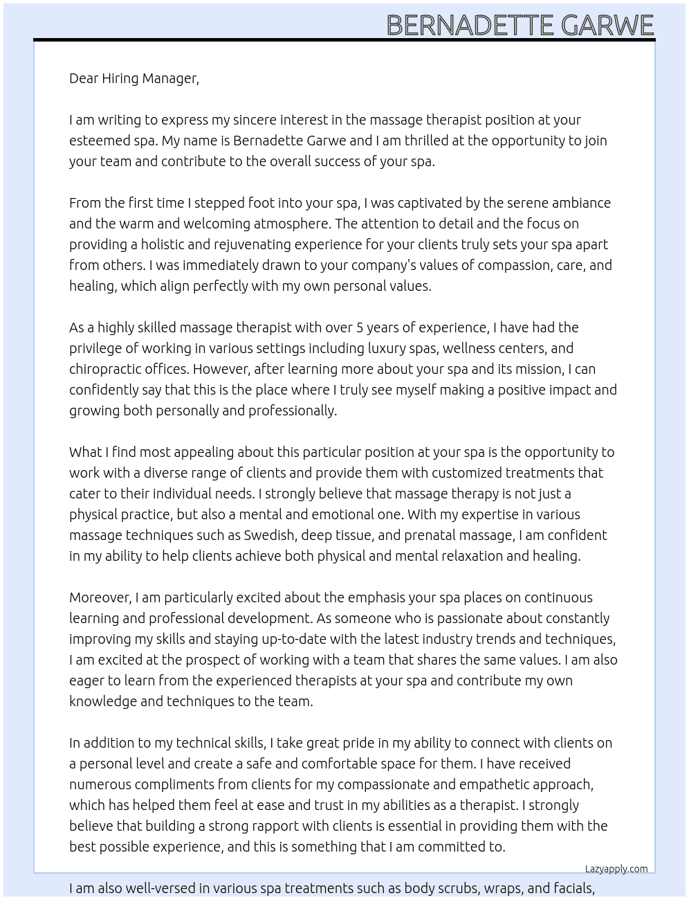 massage therapist  At spa Cover Letter