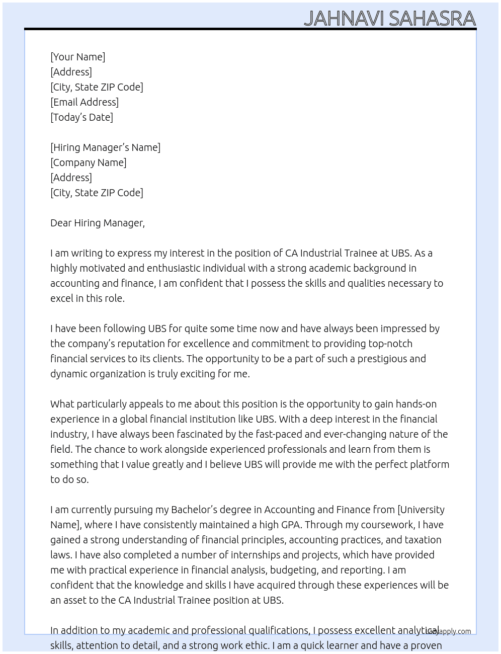 CA industrial trainee At UBS Cover Letter