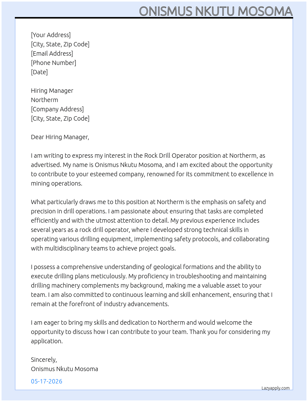 Rock drill oparator  At Northerm  Cover Letter