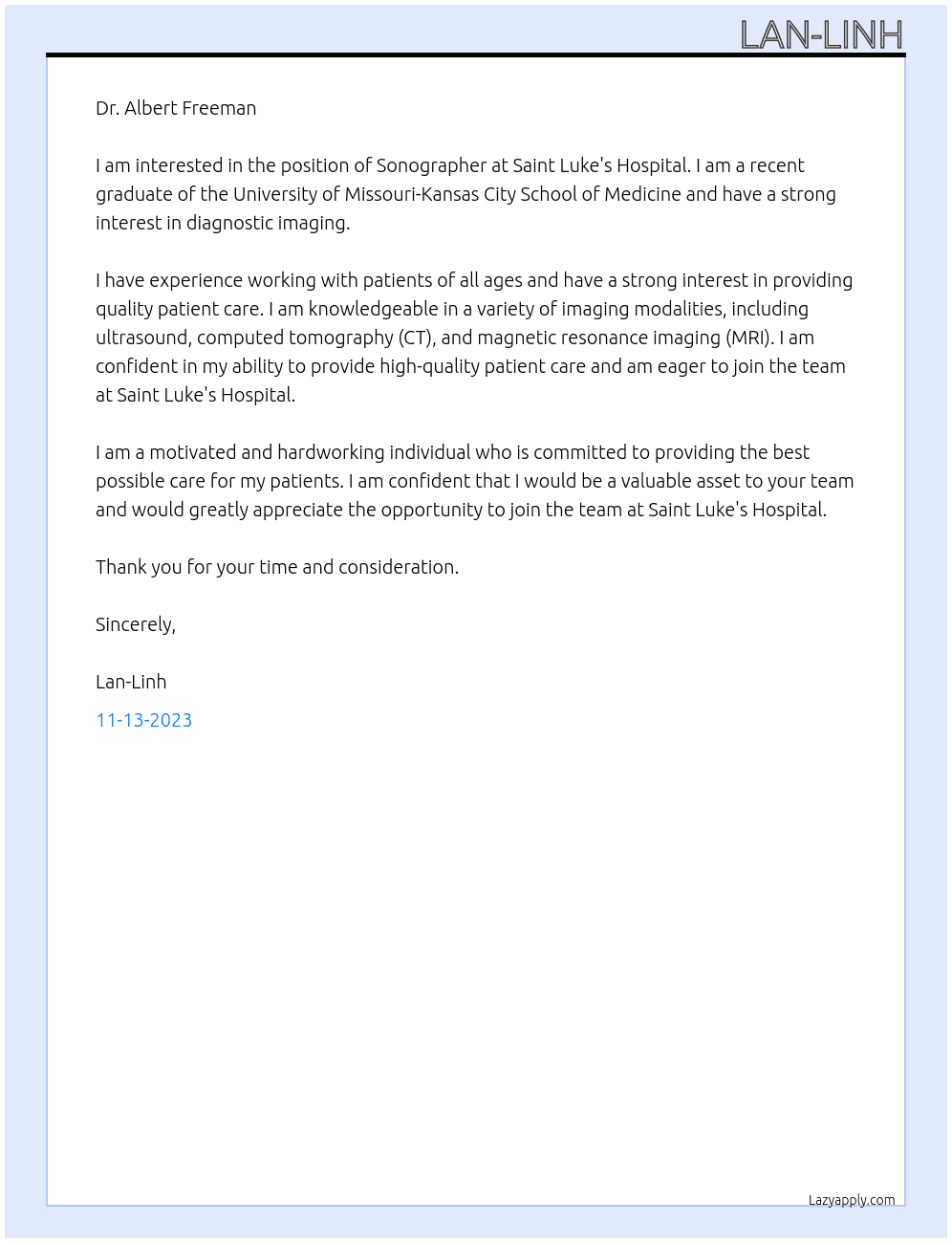 Sonograoher At Saint Luke's Hospital Cover Letter