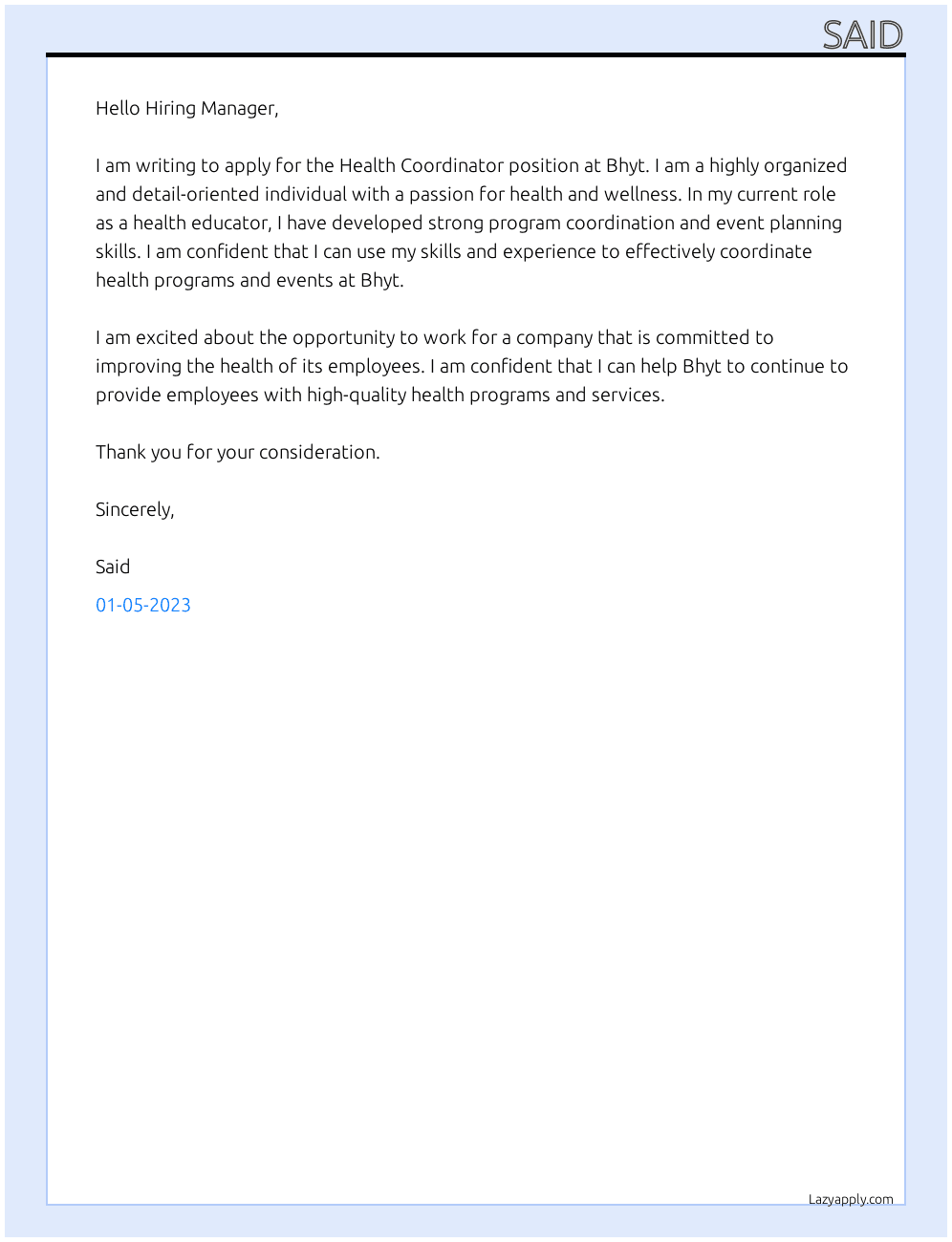 Health Coordinator At Bhyt Cover Letter