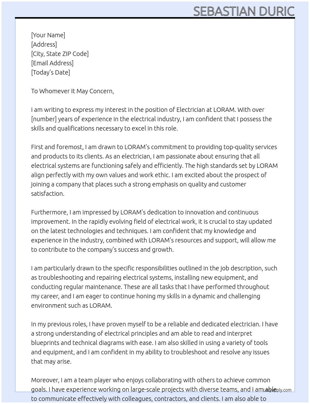Electrician At LORAM Cover Letter