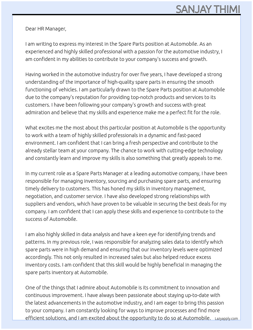 spare parts At automobile Cover Letter
