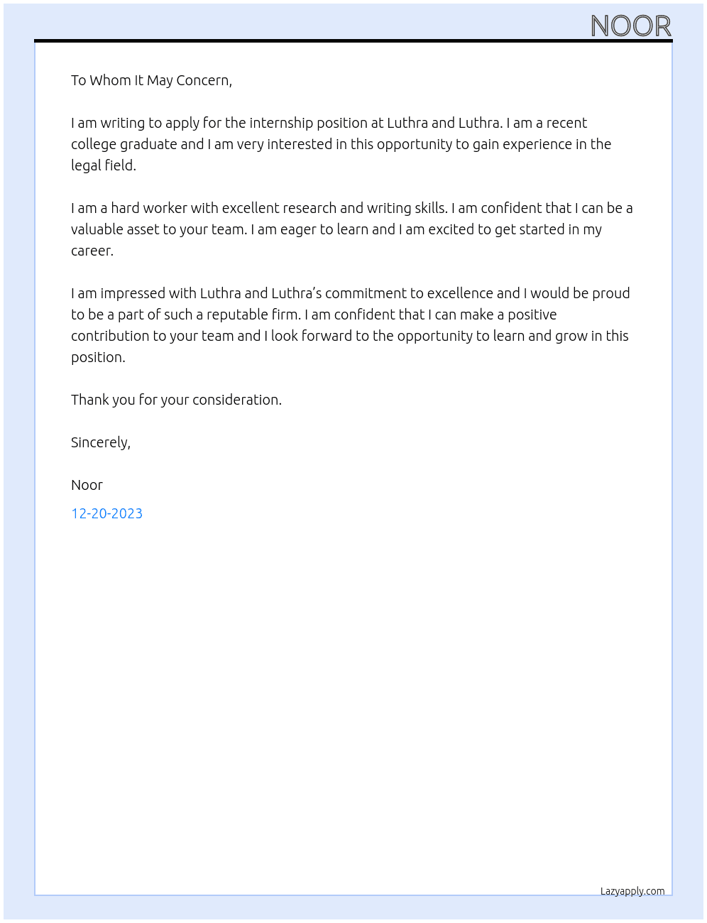 internship At Luthra and Luthra Cover Letter