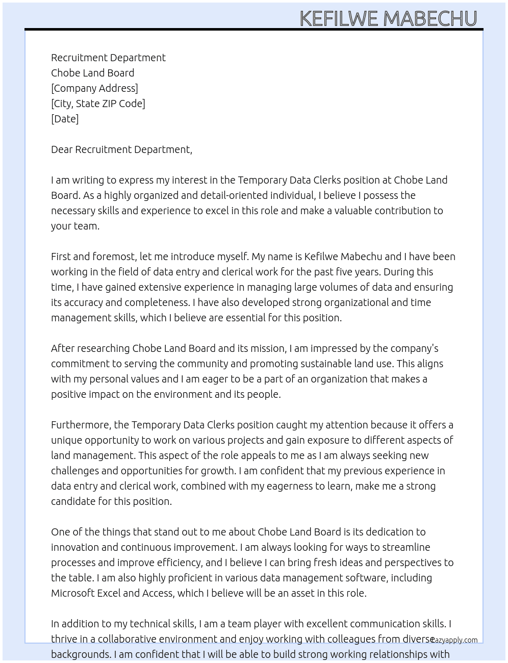 TEmporary Data Clerks At Chobe Land Board Cover Letter
