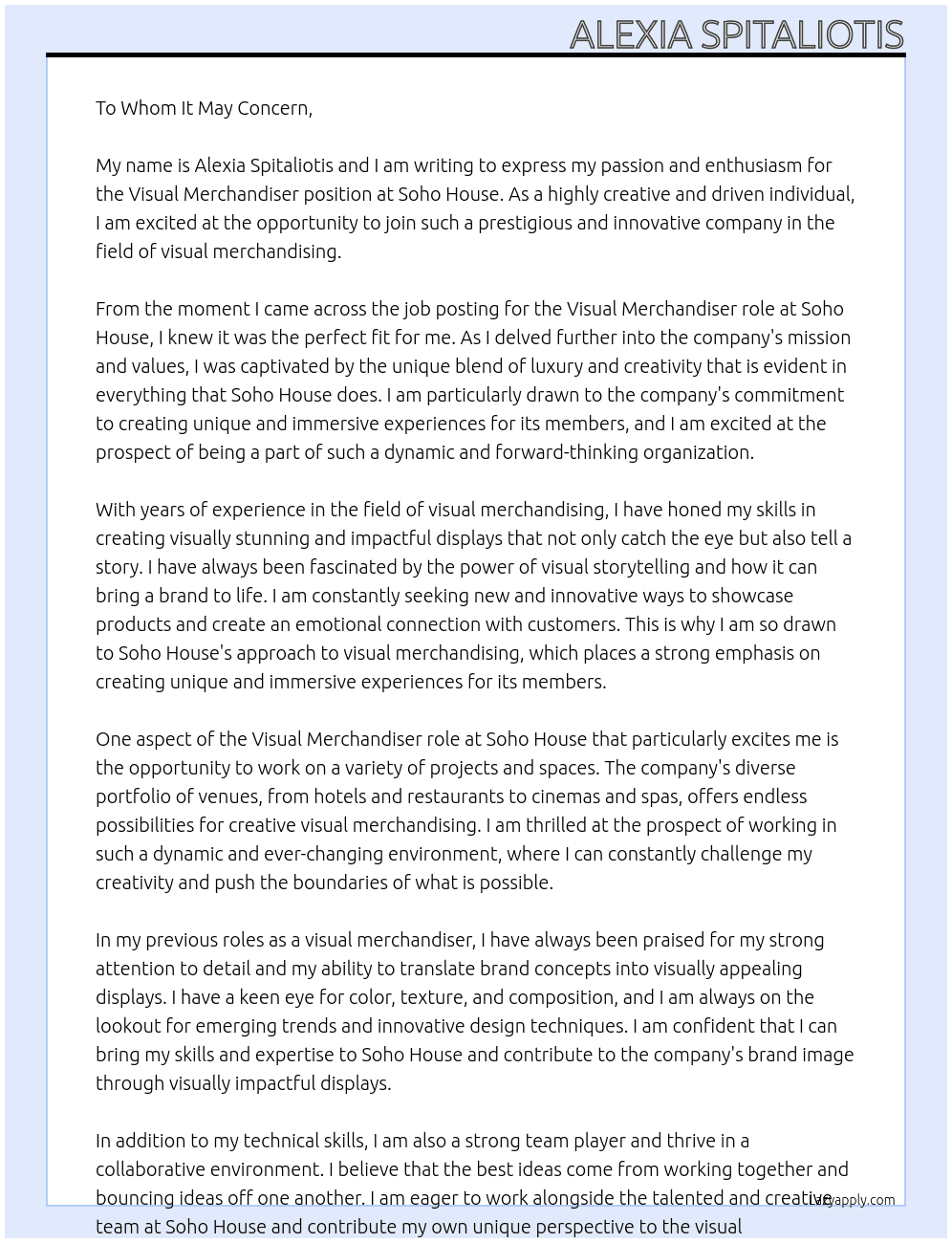 Visual Merchadiser At Soho House Cover Letter