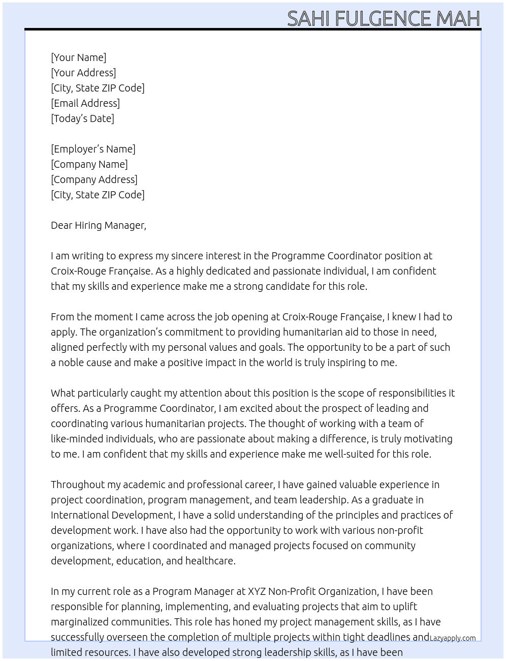 Programme Coordinator At Croix-Rouge Française Cover Letter