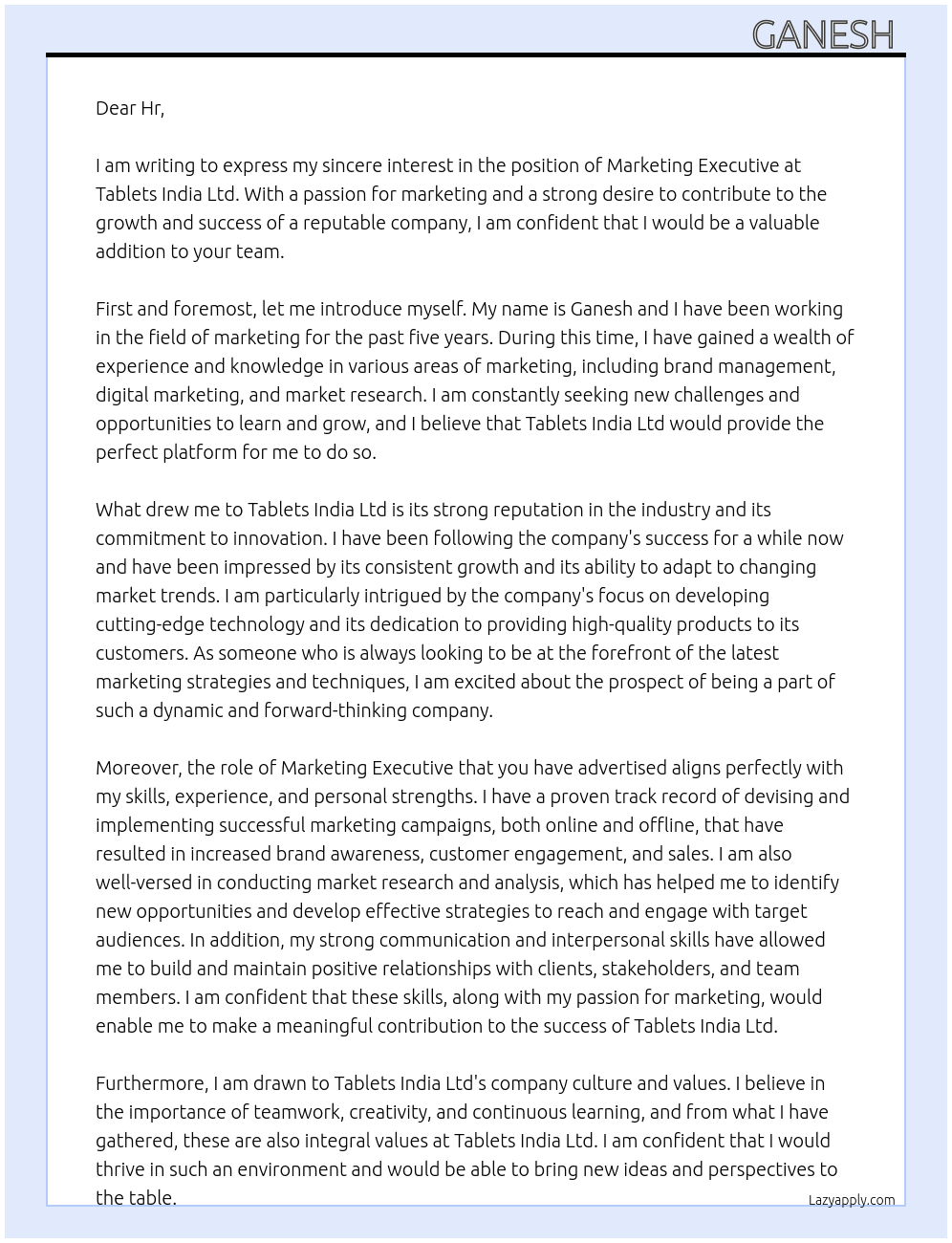 Marketing executive  At Tablets India Ltd  Cover Letter
