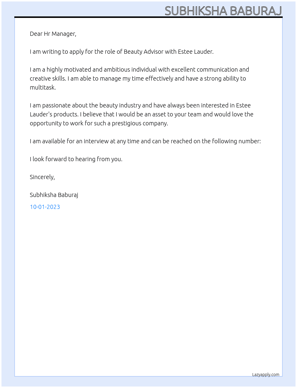 Beauty Advisor At Estee Lauder Cover Letter