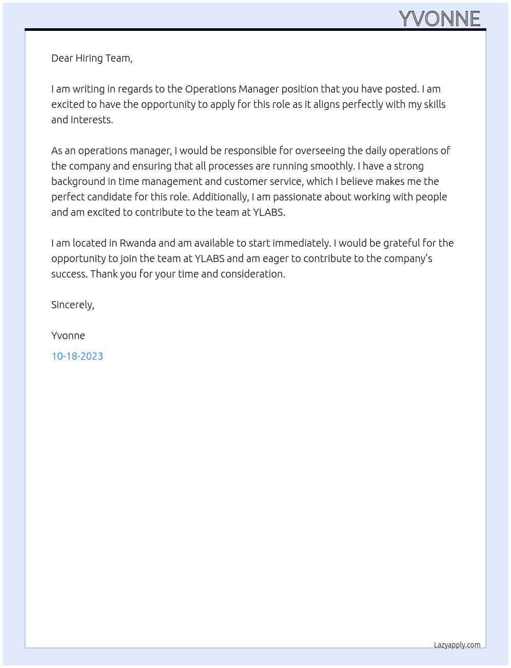 OPERATIONS MANAGER At YLABS Cover Letter