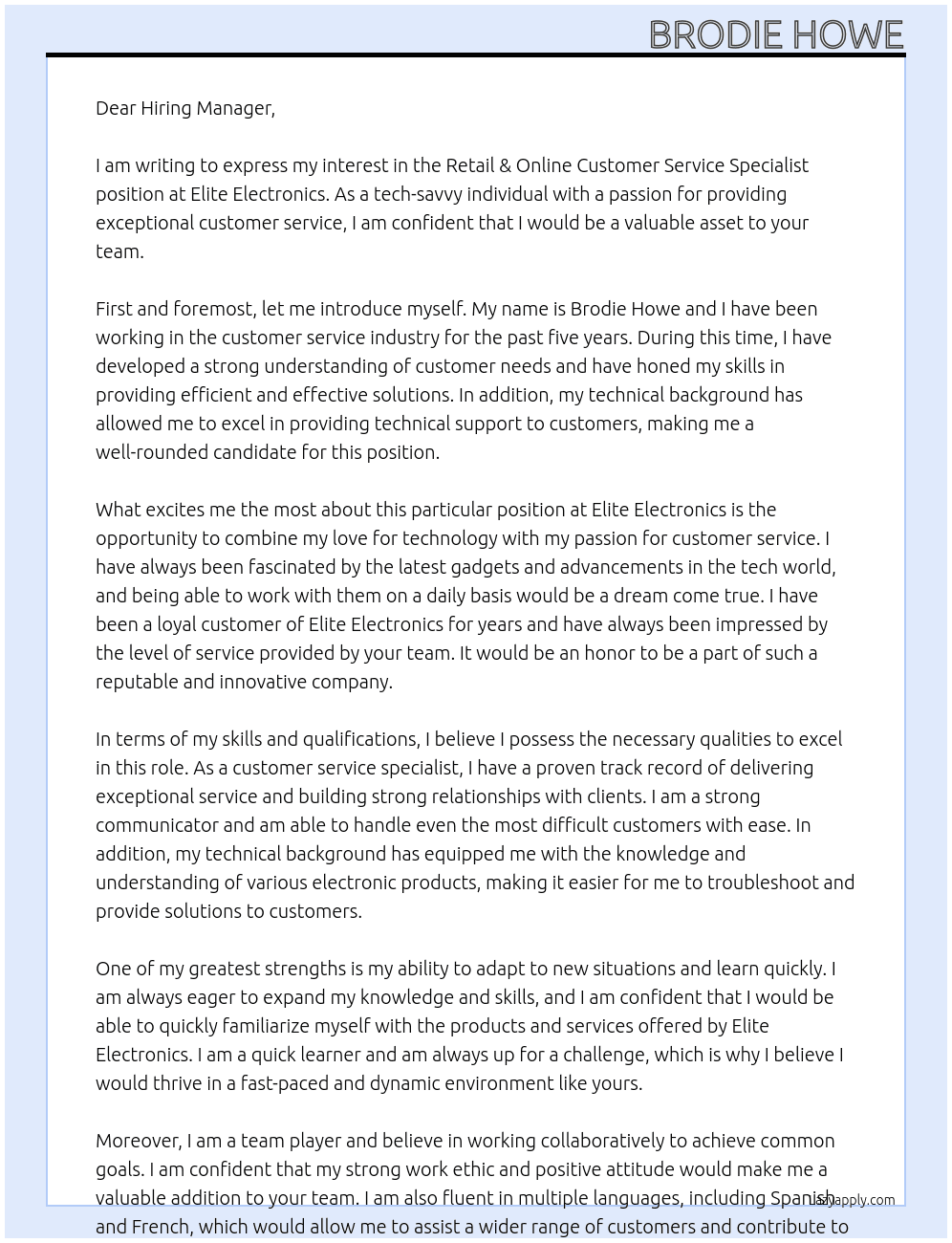 Retail & Online Customer Service Specialist At Elite Electronics Cover Letter