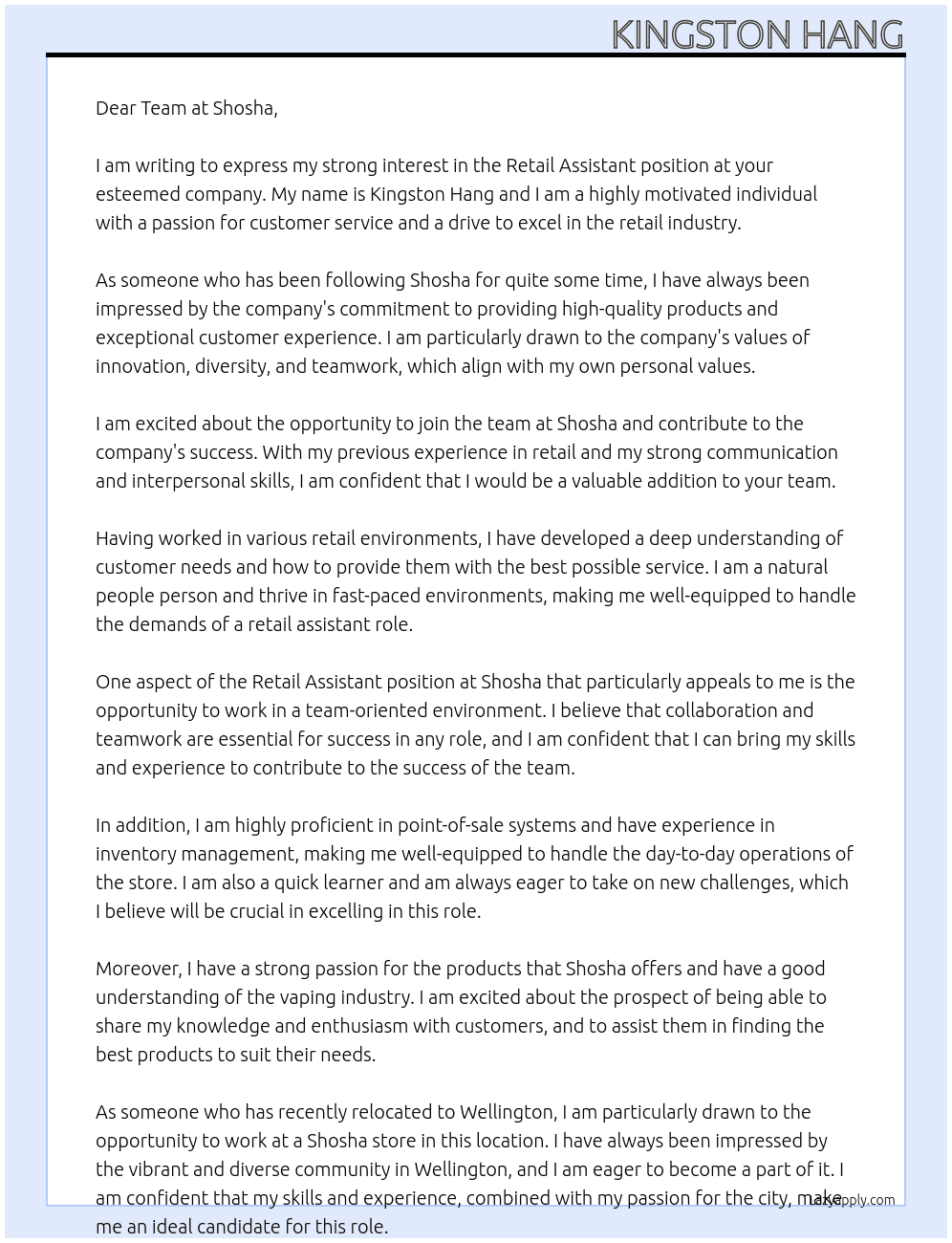 Retail Assistant At Shosha Cover Letter