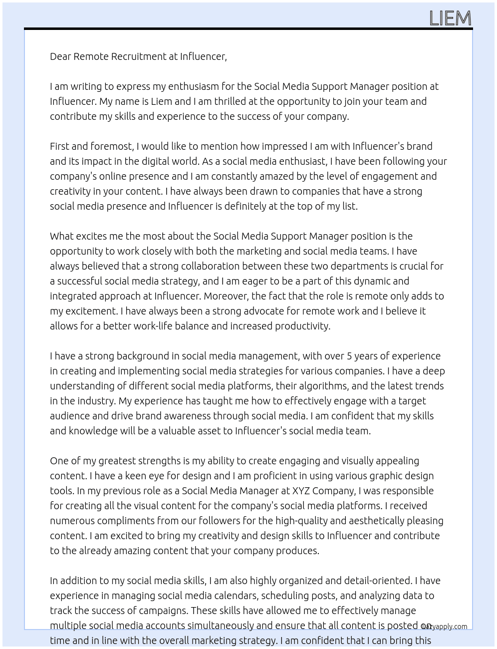 Social Media Support Manager At Influencer  Cover Letter