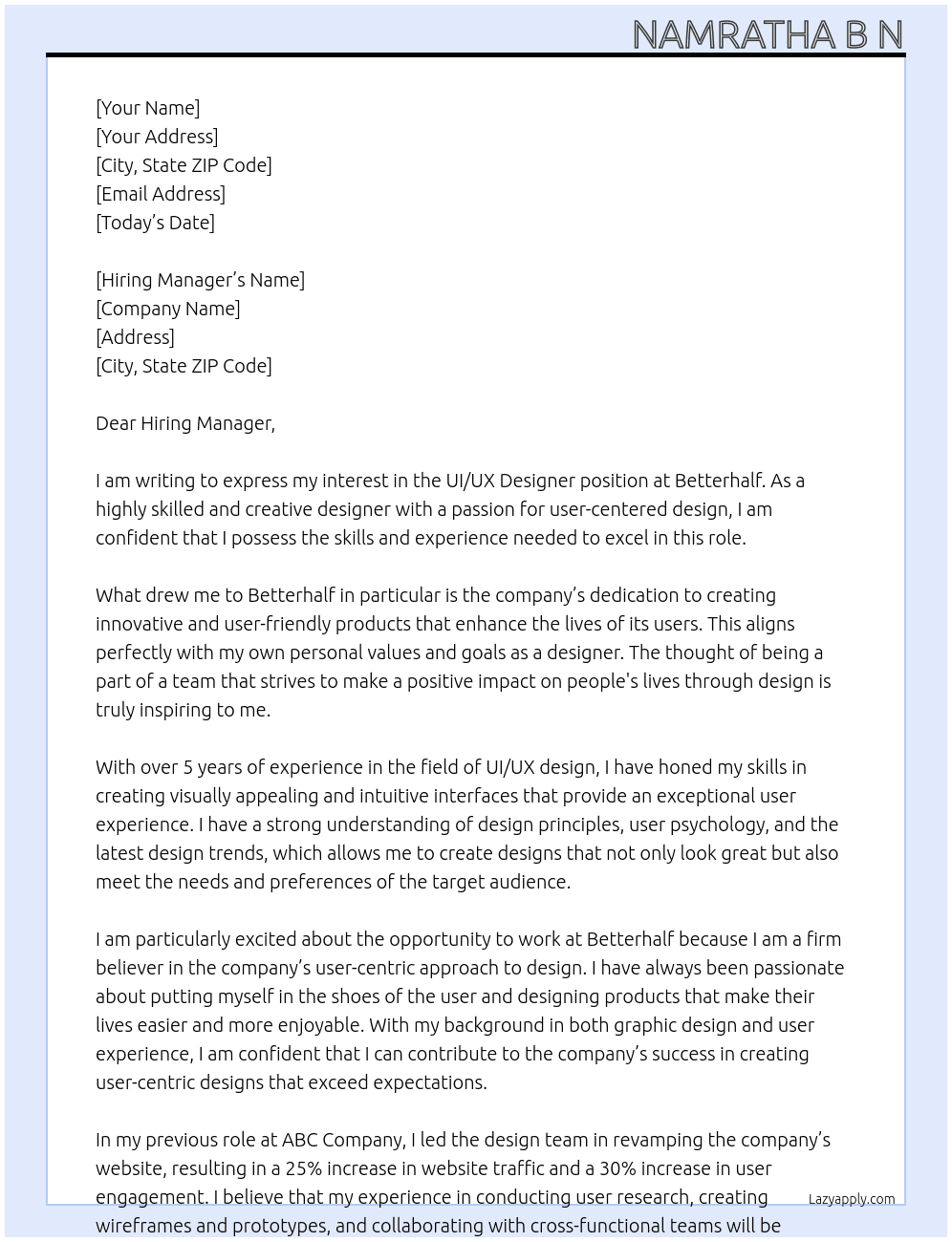 UI/UX Designer At Betterhalf Cover Letter