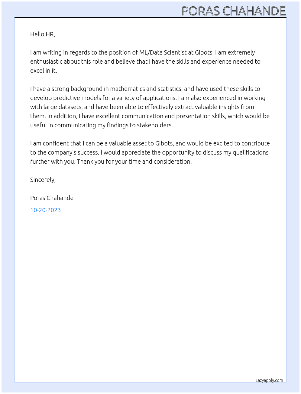 ML/Data Scientist At gibots Cover Letter