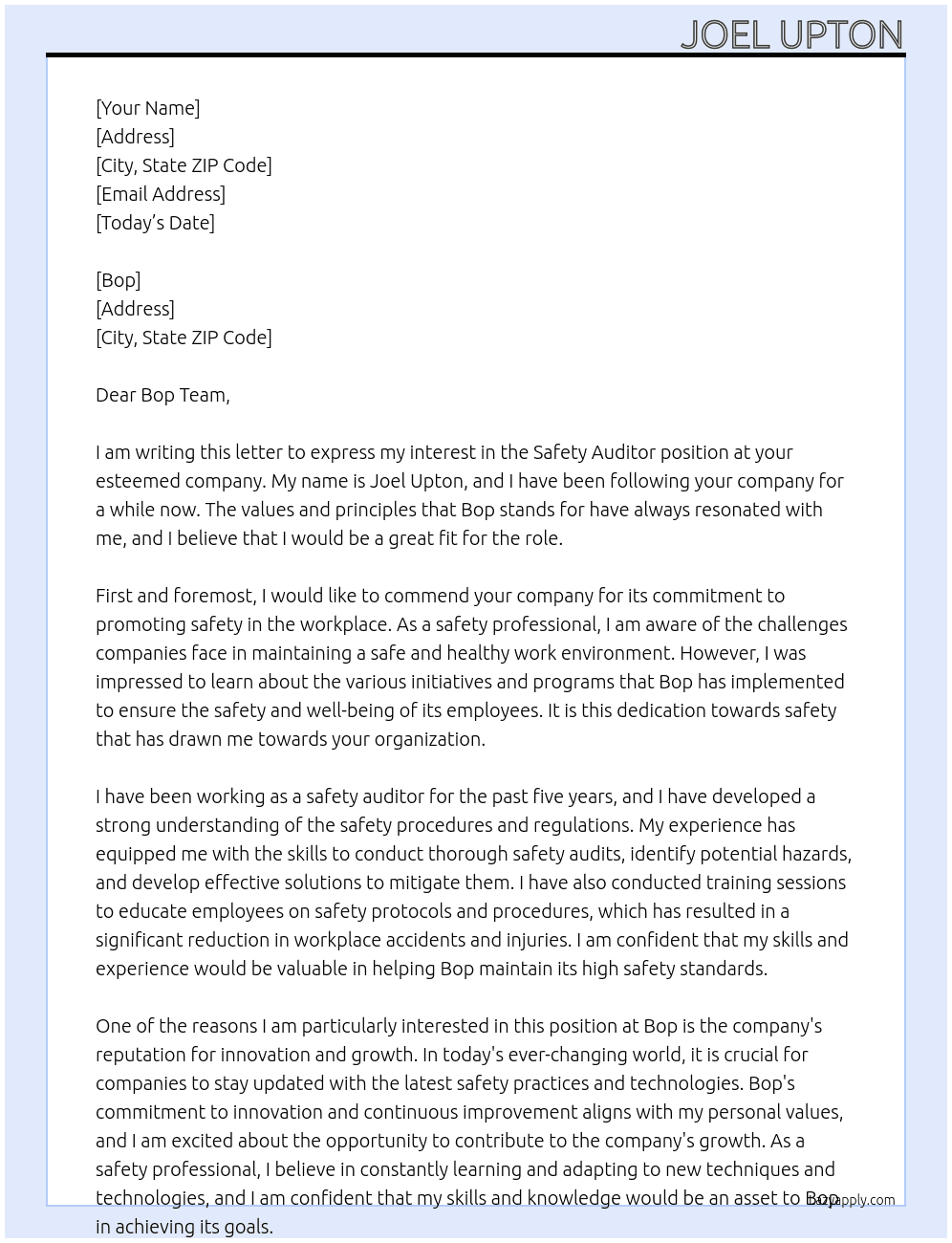 Safety auditor At Bop Cover Letter