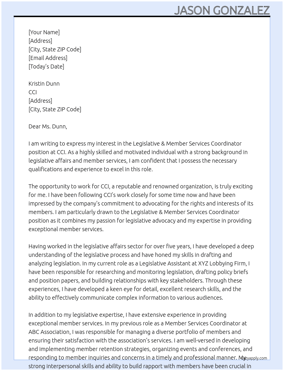  Legislative & Member Services Coordinator At CCI Cover Letter