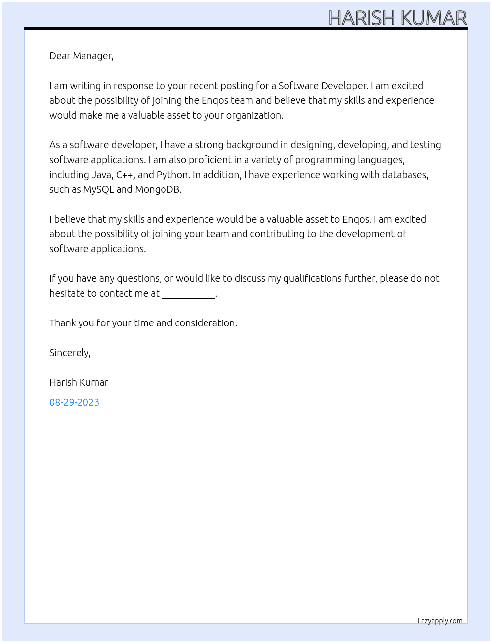 Software Developer At Enqos Cover Letter