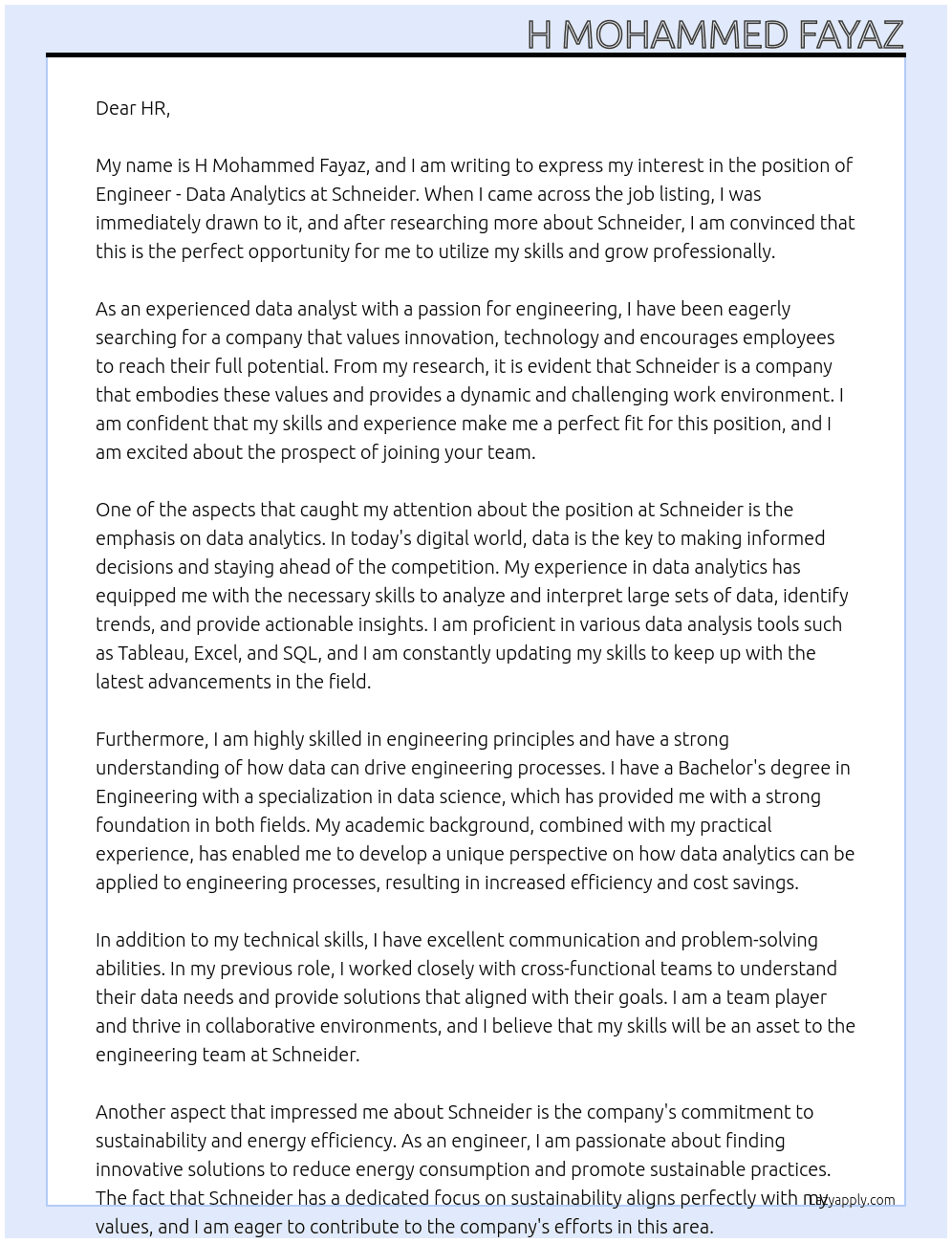 Engineer - Data Analytics At Schneider  Cover Letter