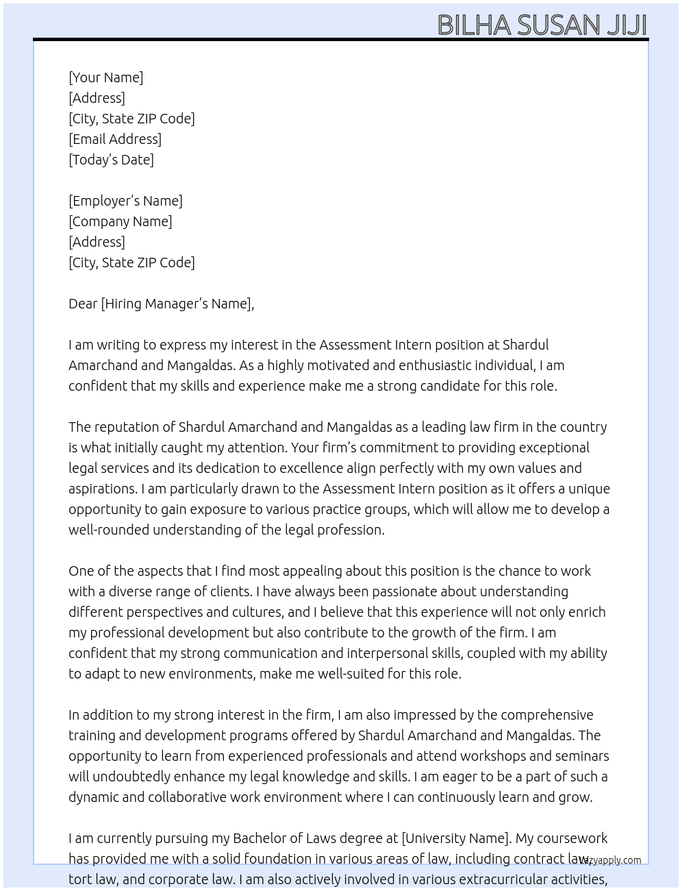 Assessment intern At sHARDUL AMARCHAND AND MAGALDAS Cover Letter