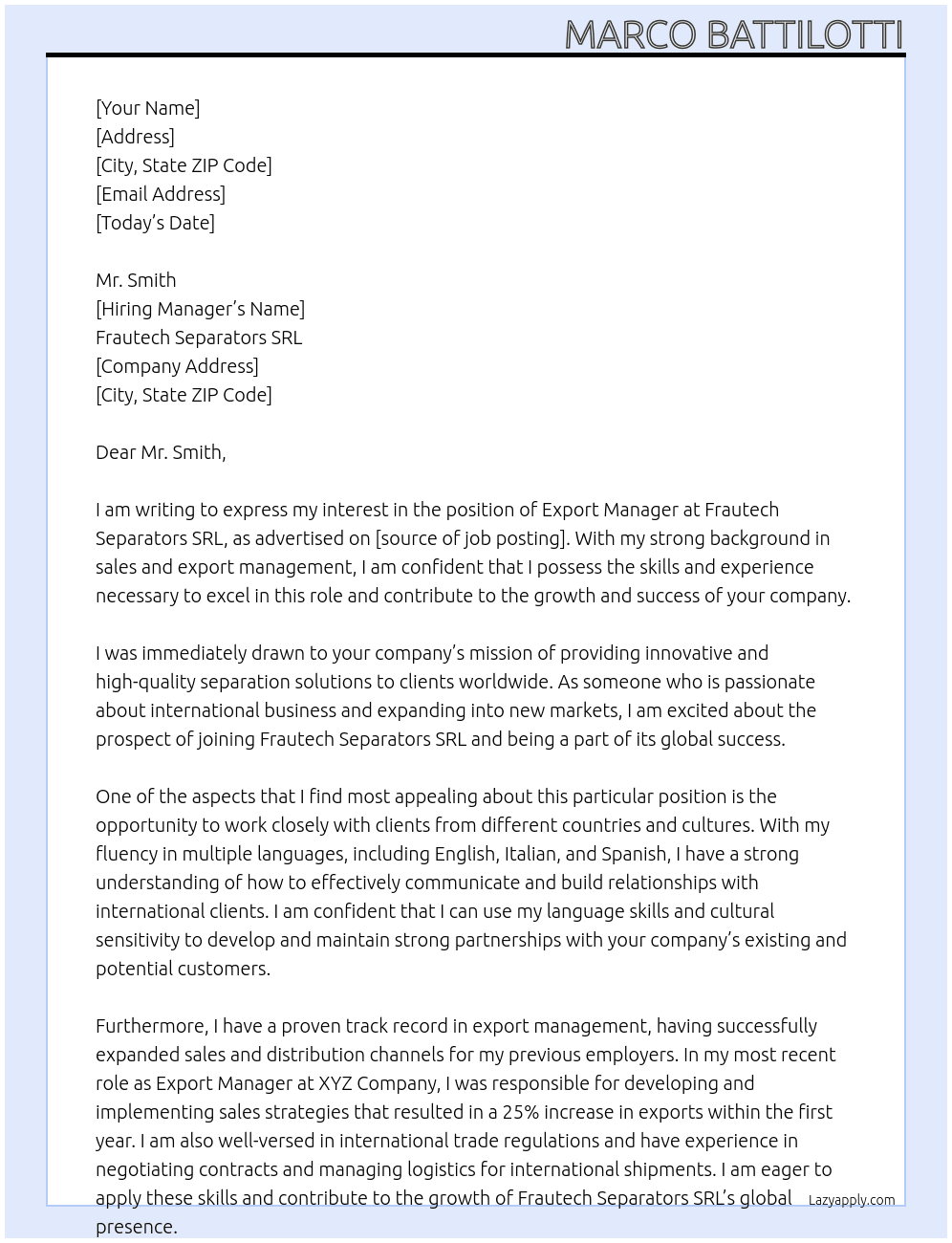 Export Manager At FRAUTECH SEPARATORS SRL Cover Letter