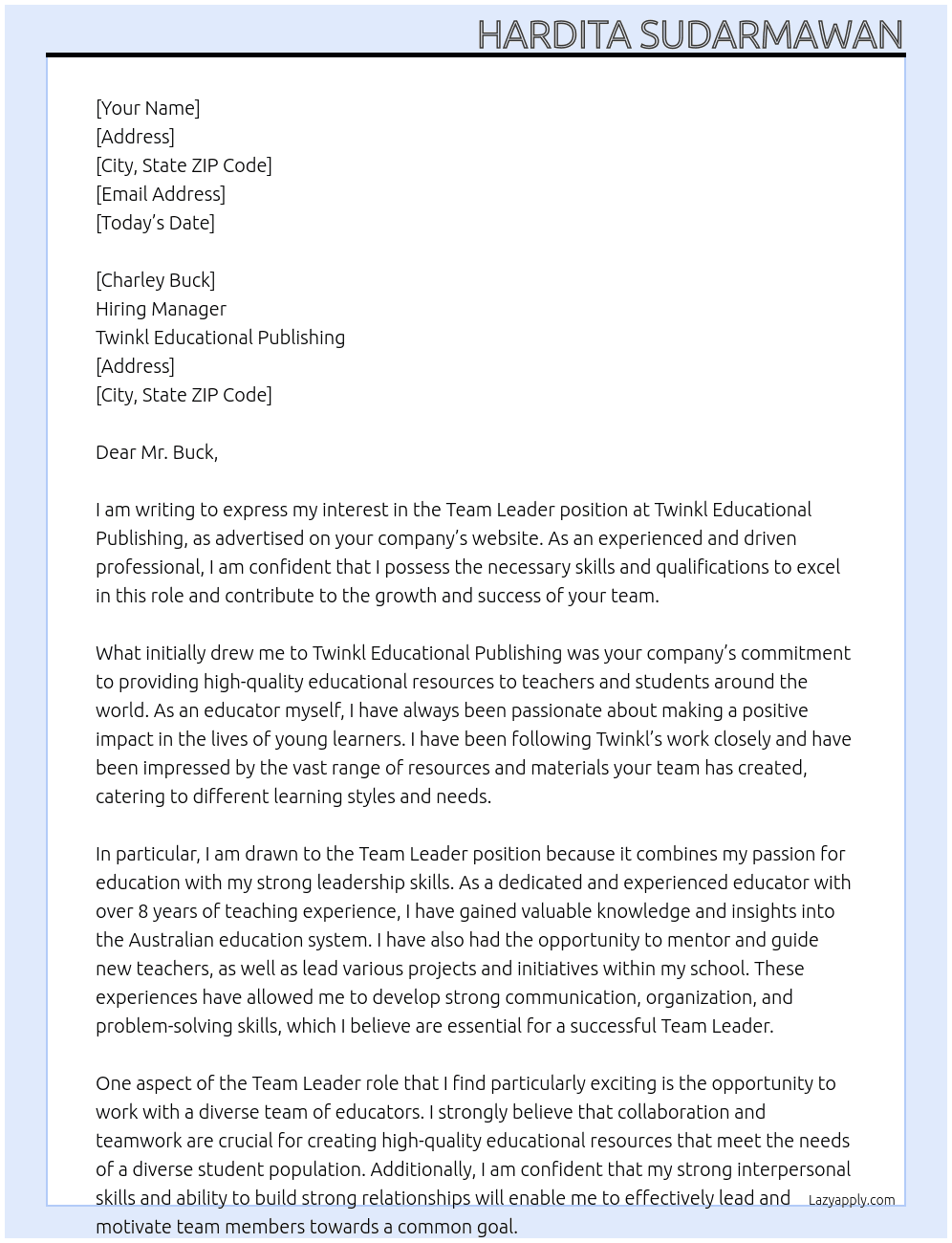 Team Leader - Australia At Twinkl Educational Publishing Cover Letter