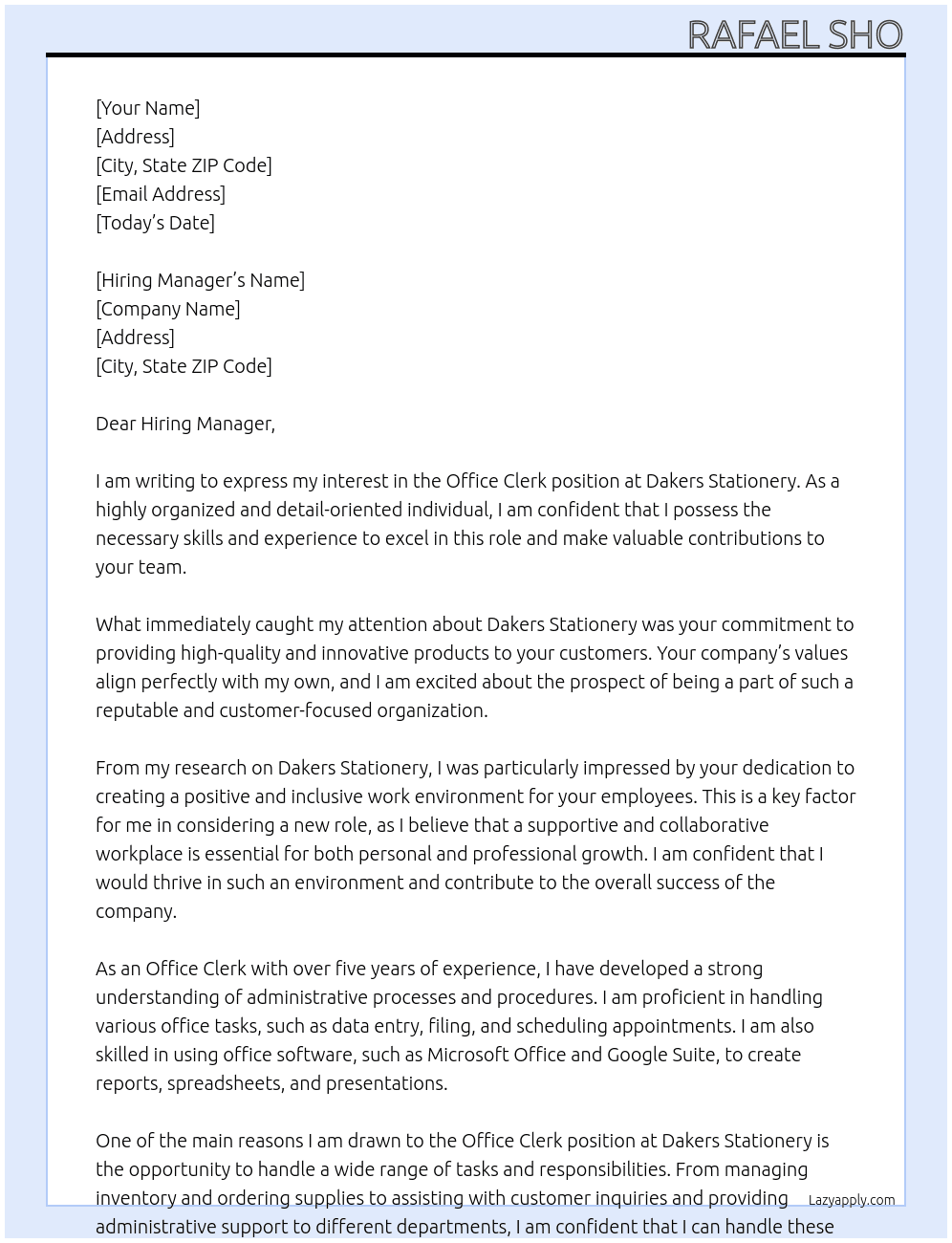 Office Clerk At Dakers Stationery  Cover Letter