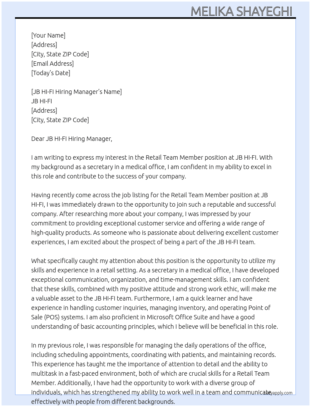 Retail team member  At JB HI-FI  Cover Letter