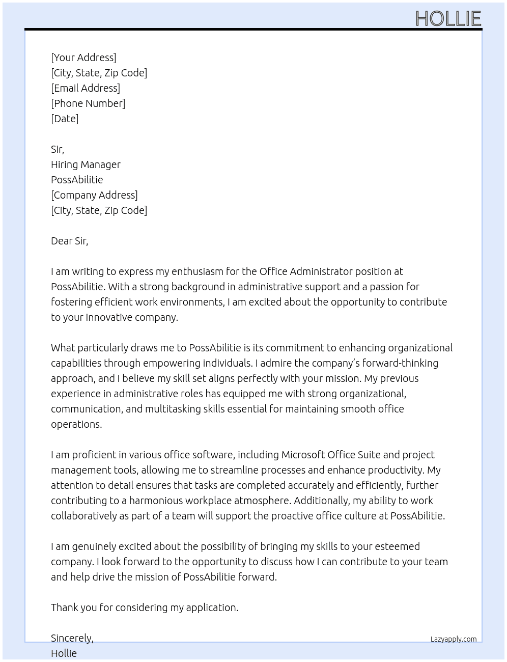 Office administrator  At PossAbilitie Cover Letter