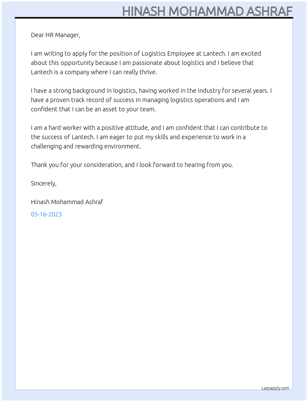 Logistics Employee At Lantech Cover Letter