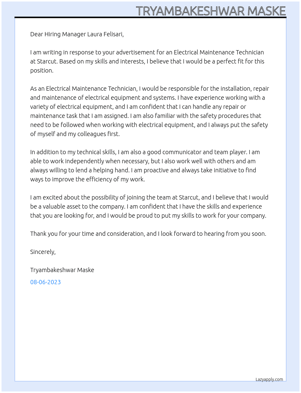 Electrical Maintenance technician  At Starcut Cover Letter