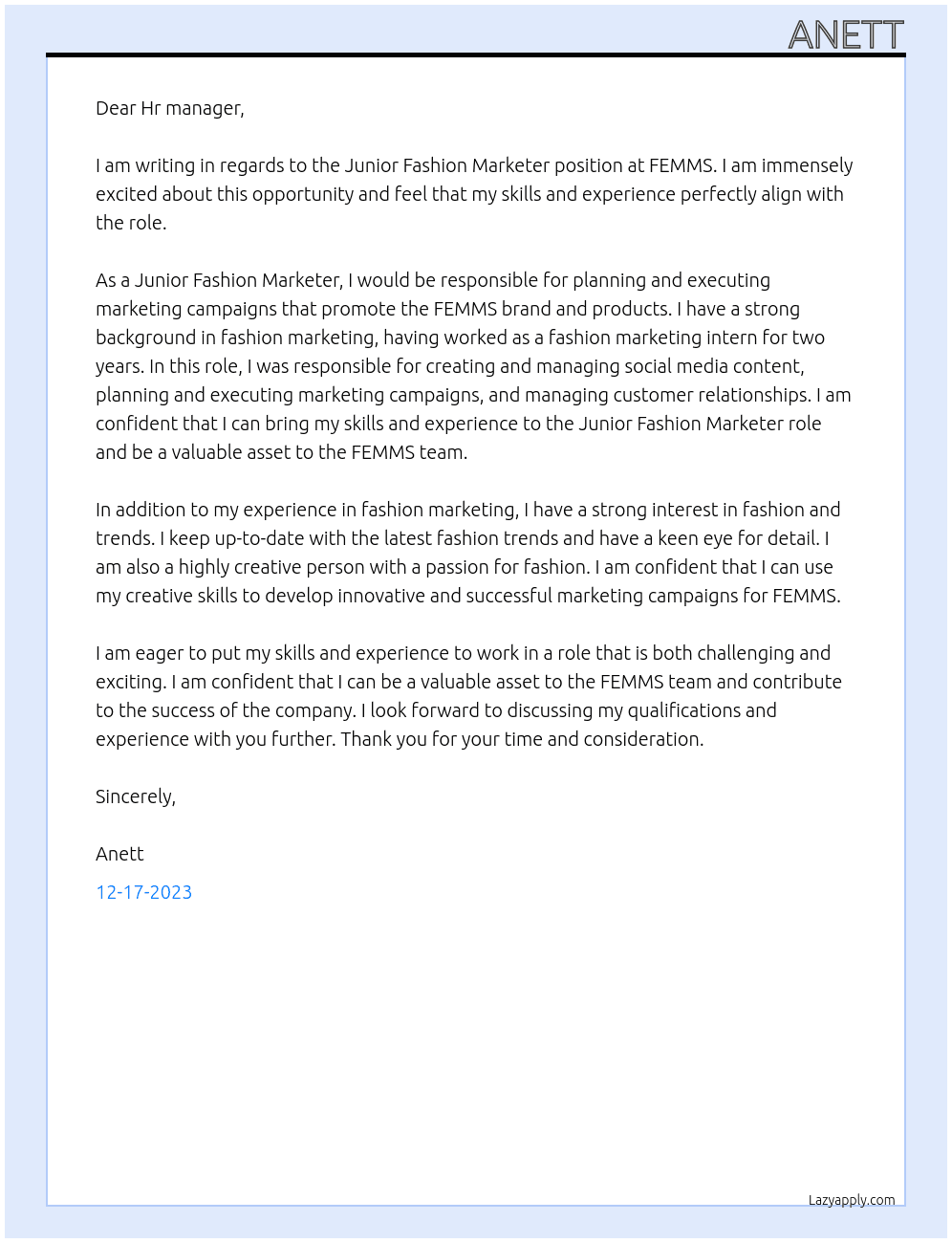 Junior Fashion Marketer At FEMMS Cover Letter